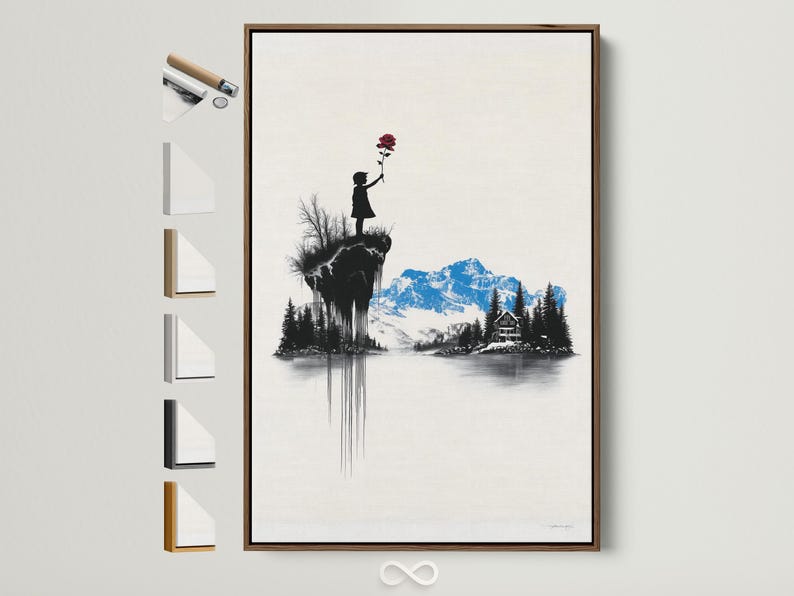 Monochrome mountain landscape with a black girl silhouette holding a red rose and blue peak accents