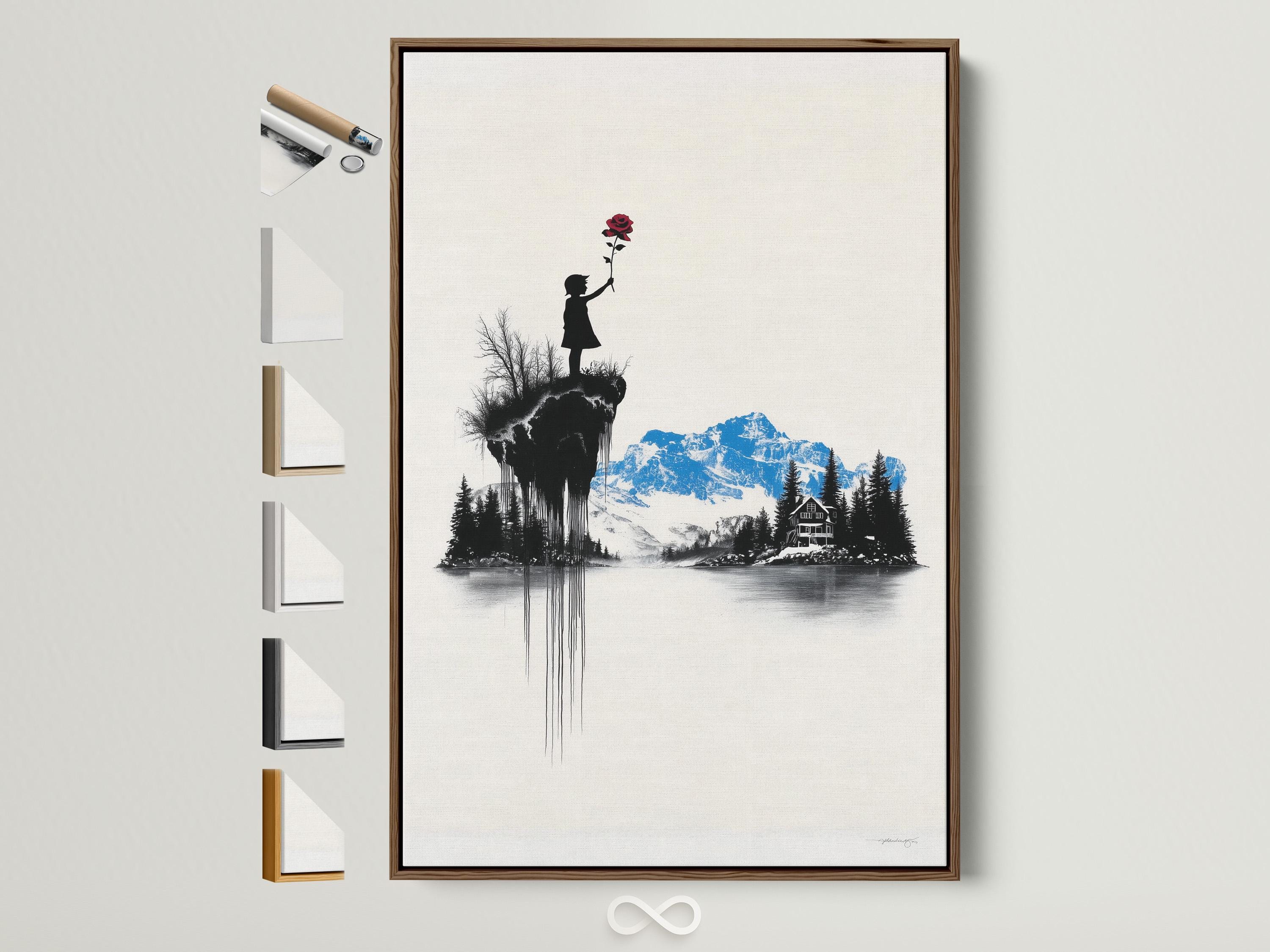 Monochrome mountain landscape with a black girl silhouette holding a red rose and blue peak accents