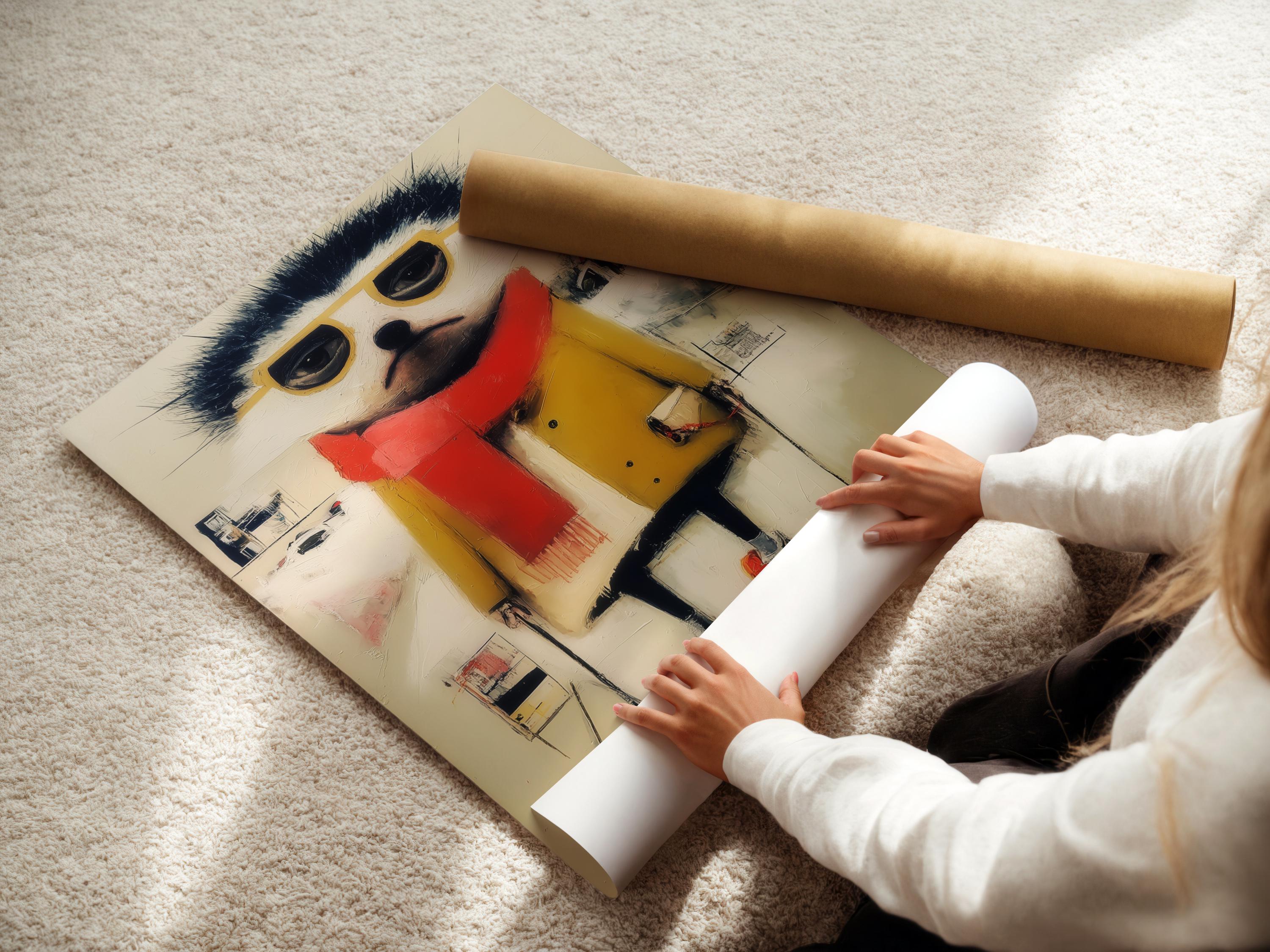 Stylised winter ski animal with dark fur, oversized yellow glasses, red scarf and red boots detail view