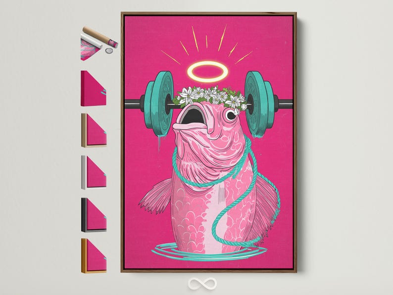 Stylised pink fish lifting a teal barbell with a yellow halo and white flowers