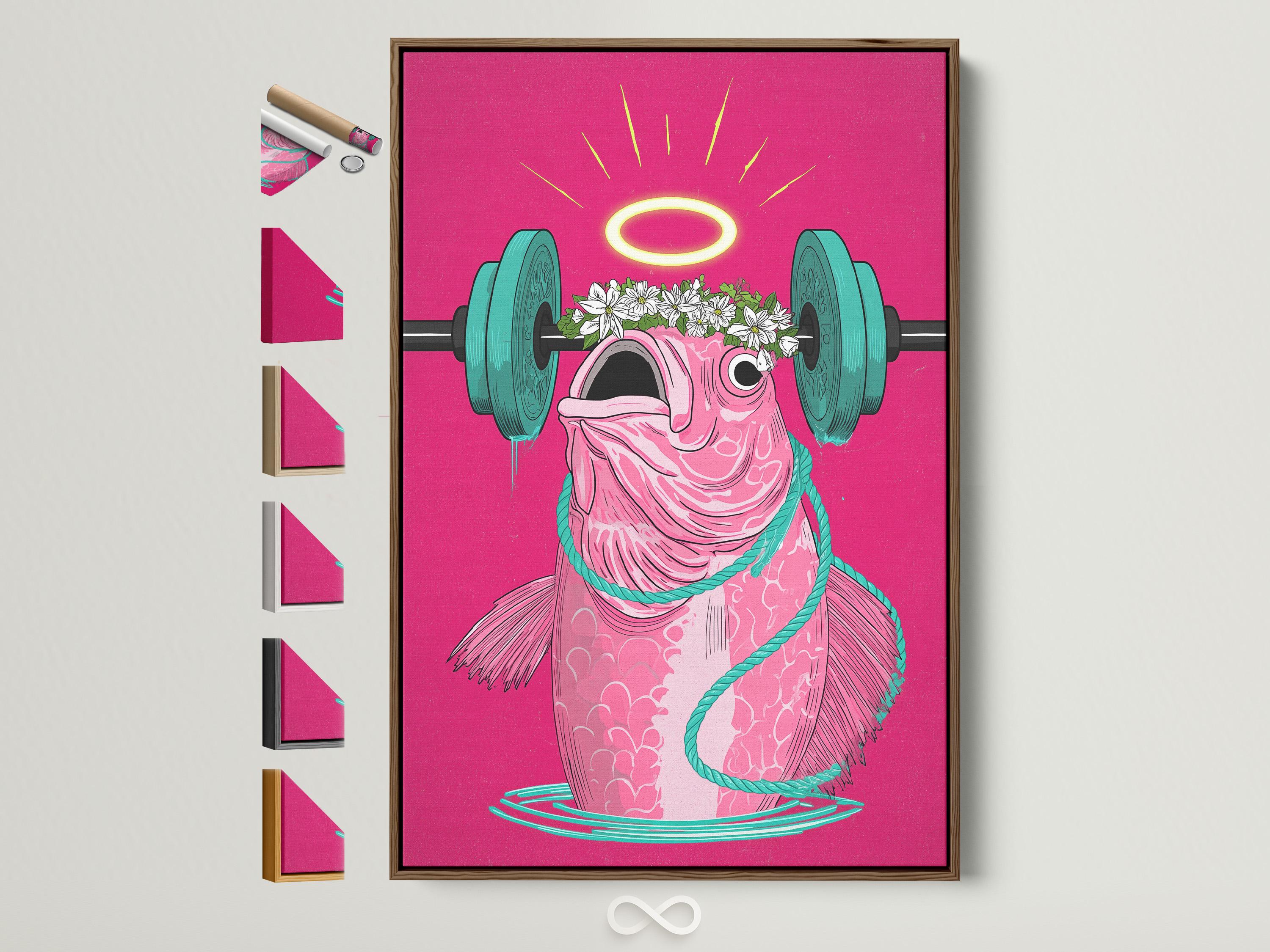 Stylised pink fish lifting a teal barbell with a yellow halo and white flowers