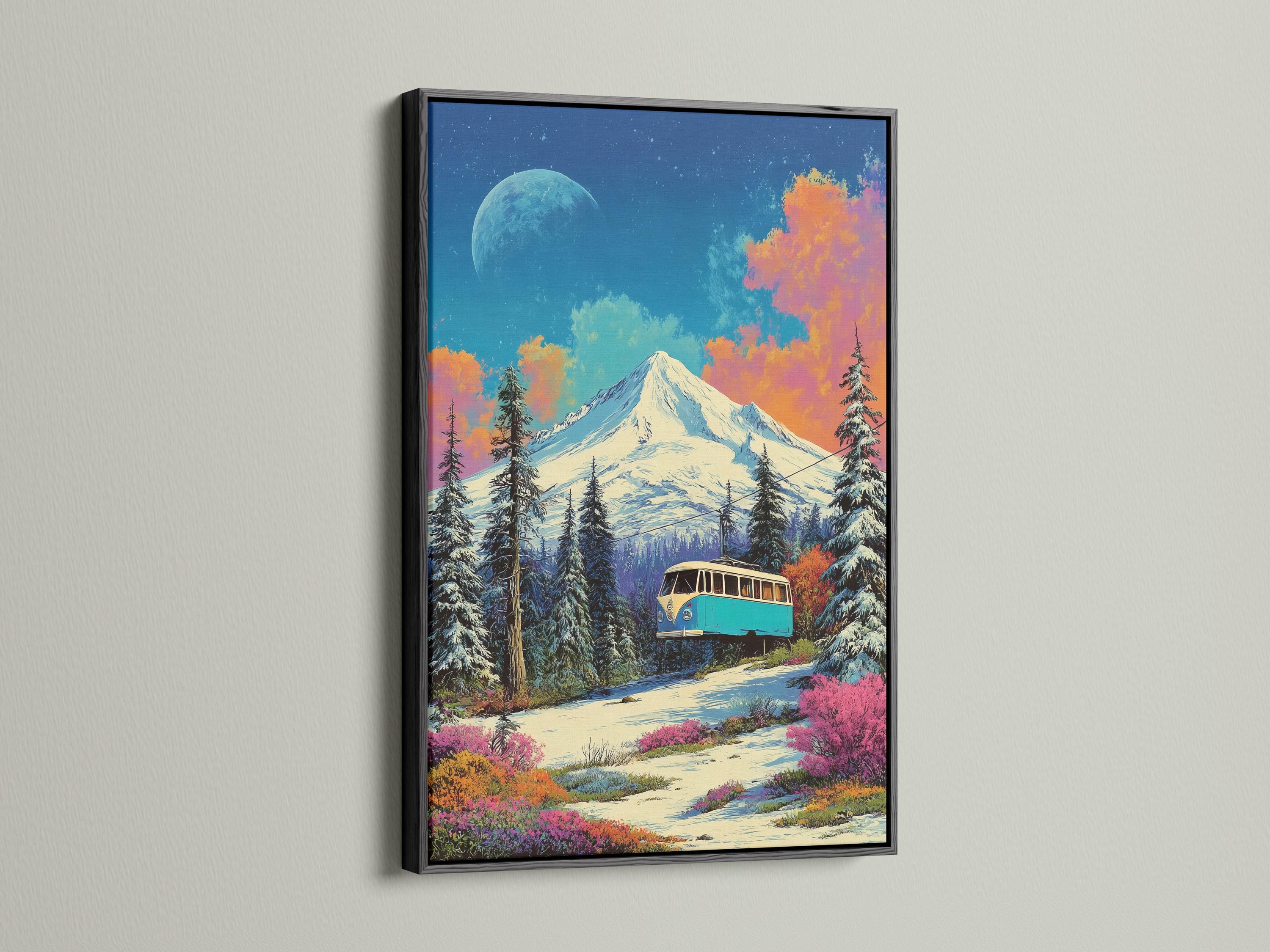 Turquoise bus on a snowy mountain road under a moonlit deep blue sky detail view