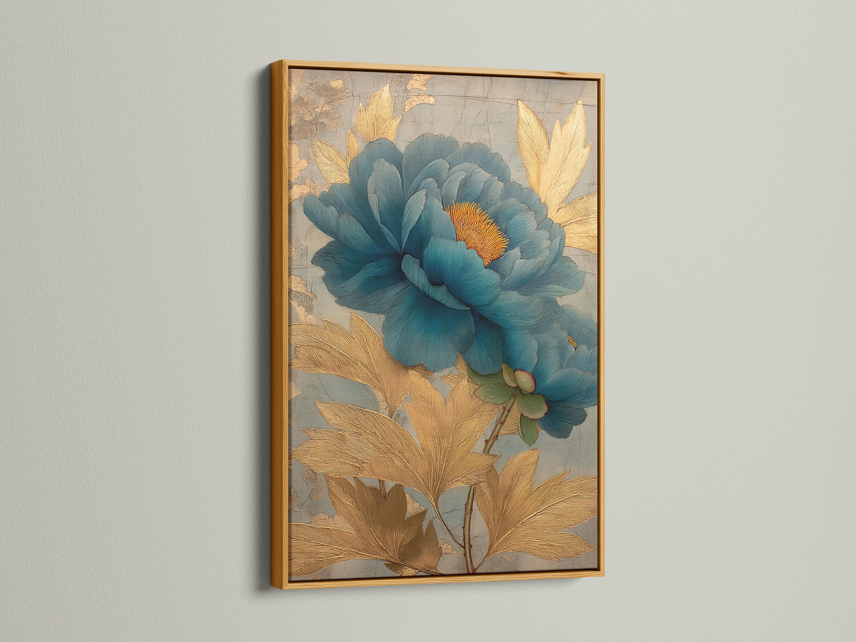Teal peony flower with gold-brown leaves over a light grey map-like background detail view