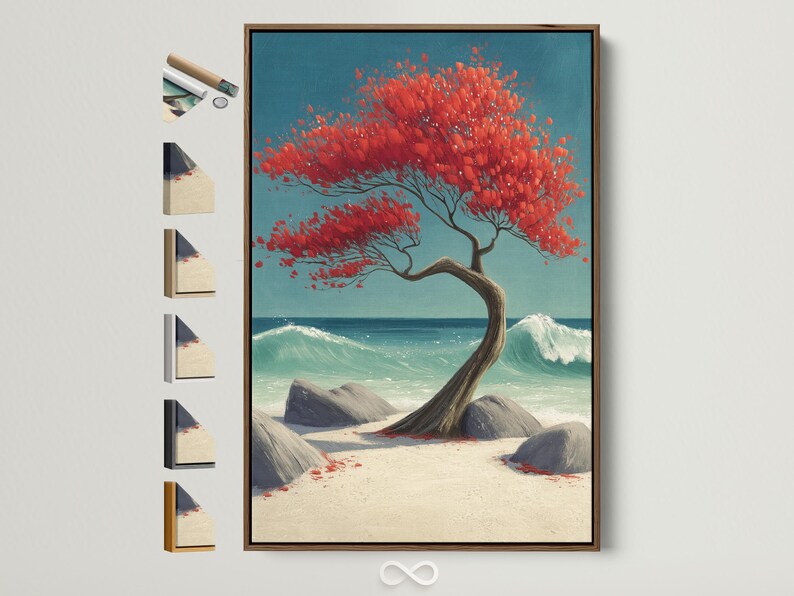 Red tree with spreading branches on a turquoise ocean beach with rocks and foamy waves