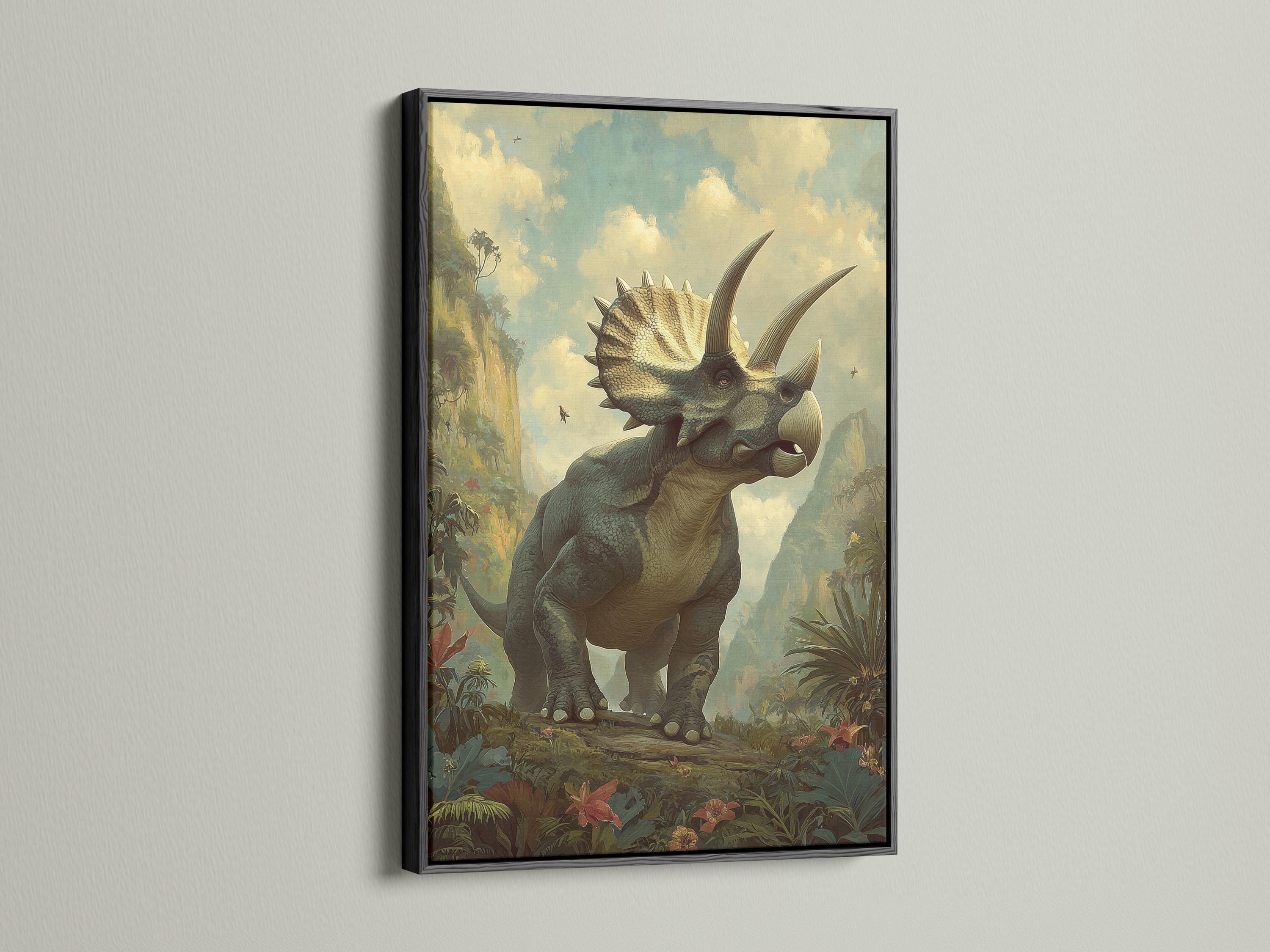 Triceratops standing in a prehistoric jungle with muted green foliage and a pale sky detail view