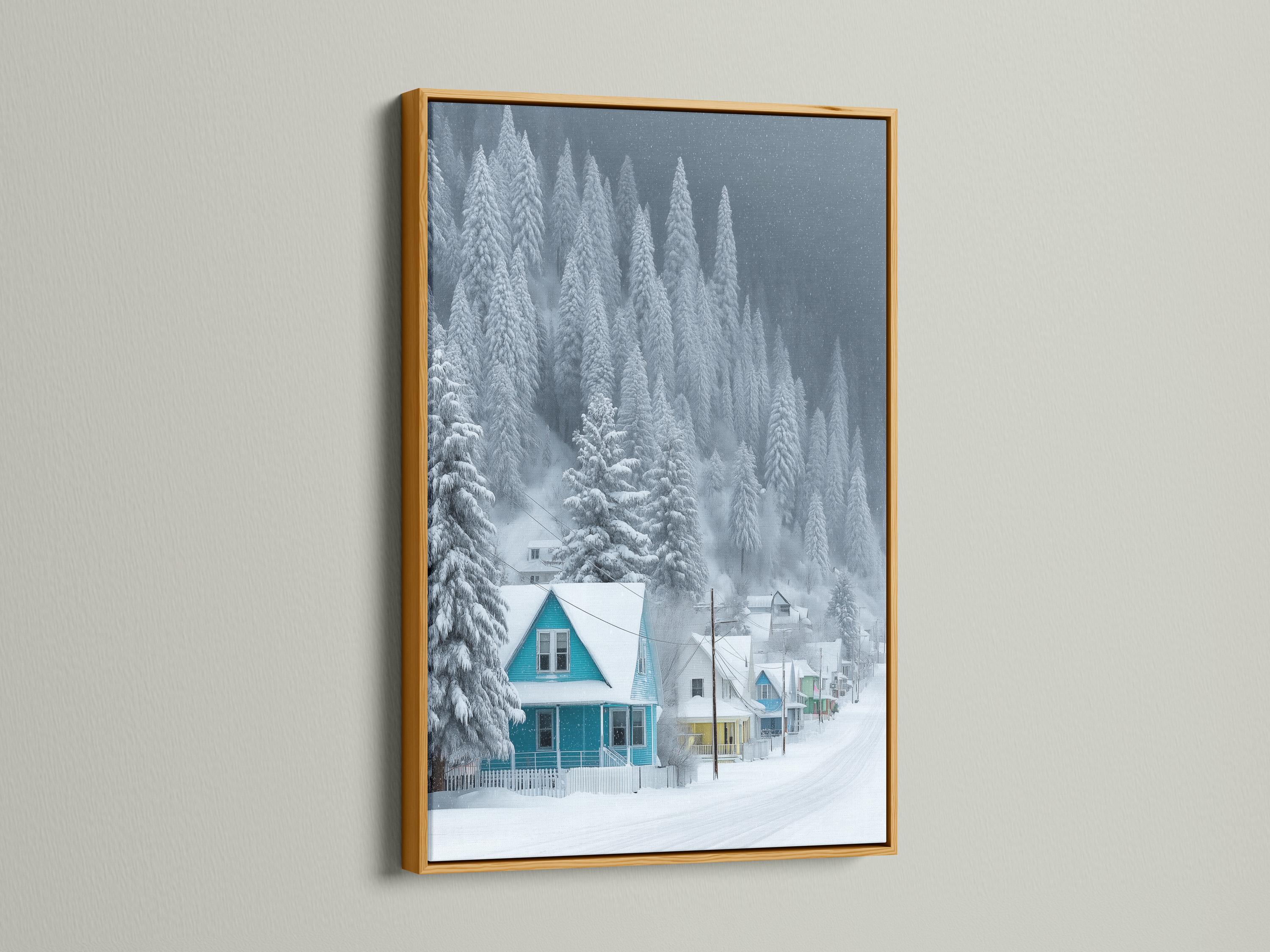 Snowy winter village with pine trees and teal-roof houses in falling snow detail view