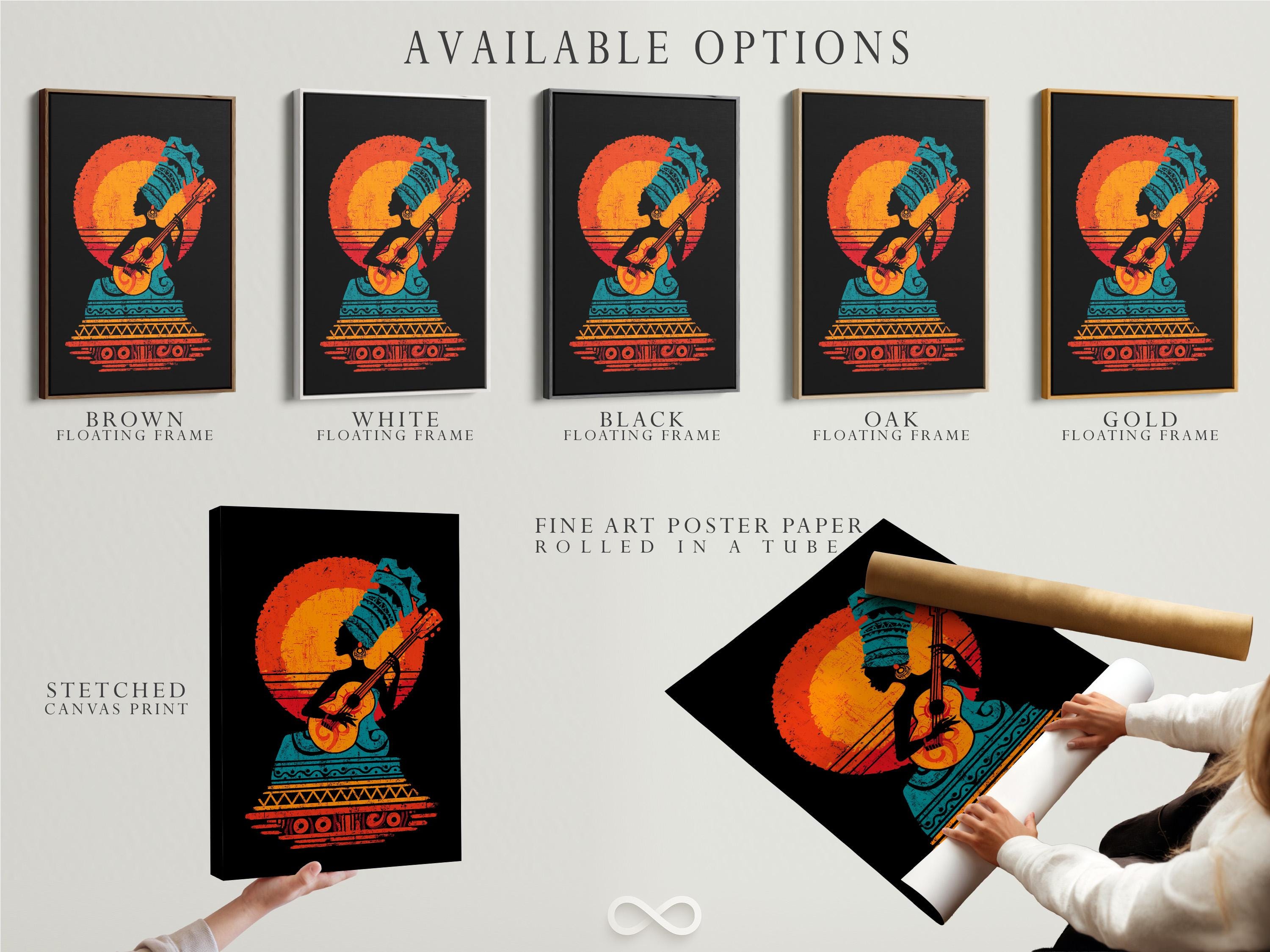 Stylised guitar player silhouette with orange-red sunburst and teal tribal pattern on a black background detail view