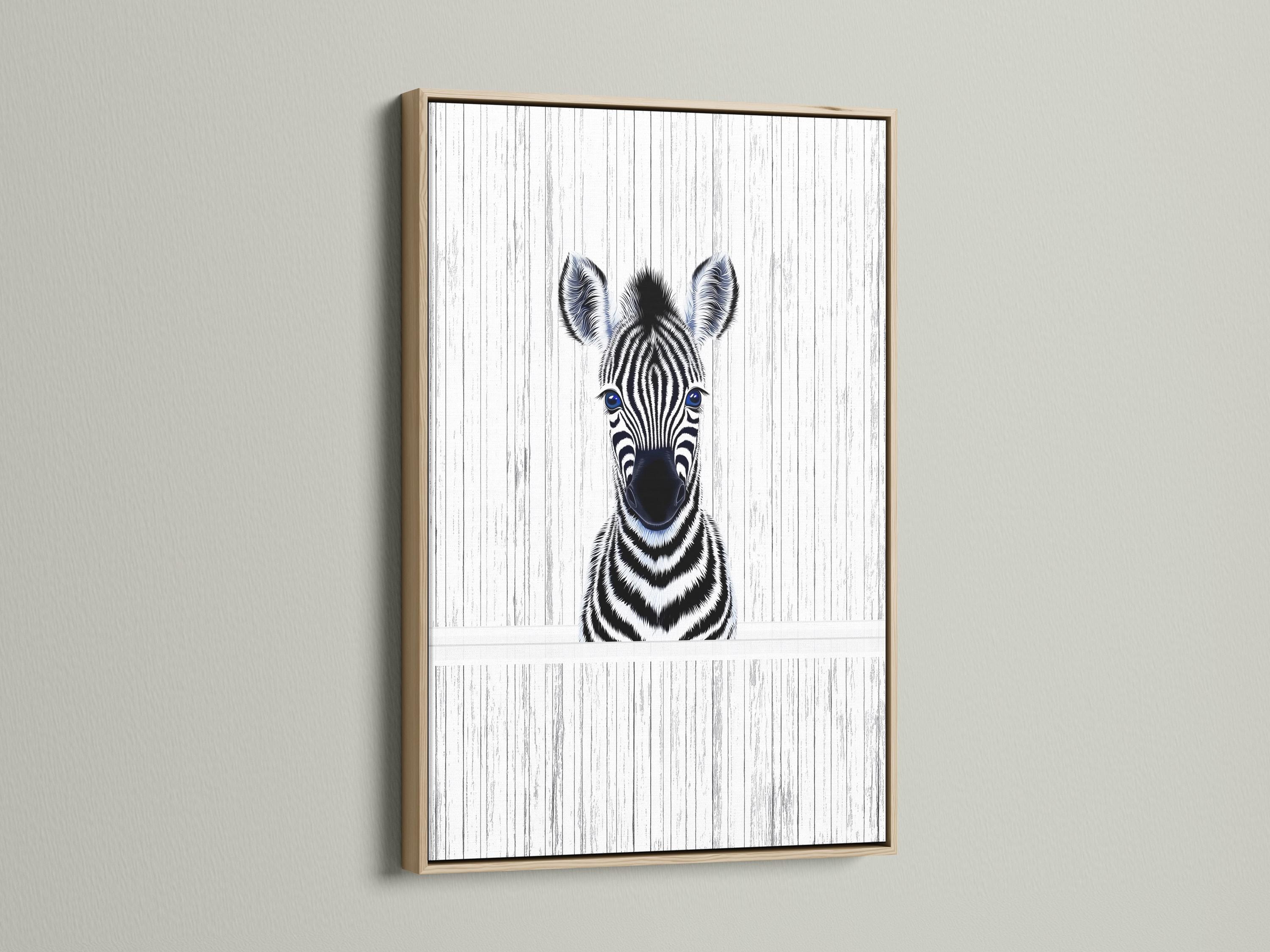 Room mockup showing framed zebra portrait wall art with black and white stripes and blue eyes