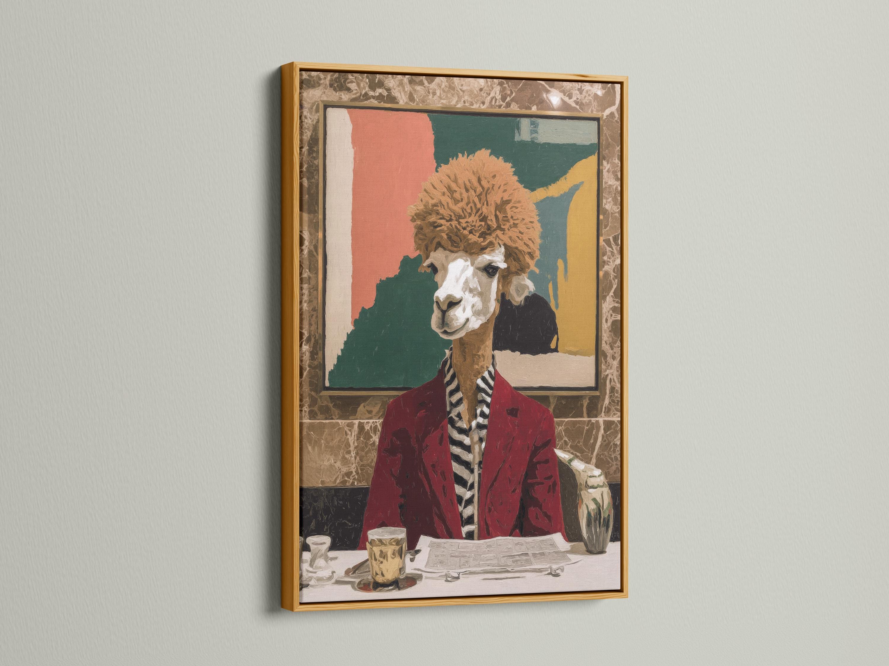 A stylised llama portrait in a red suit is posed indoors, with bold block colours behind and a faux café-table still life in the foreground detail
