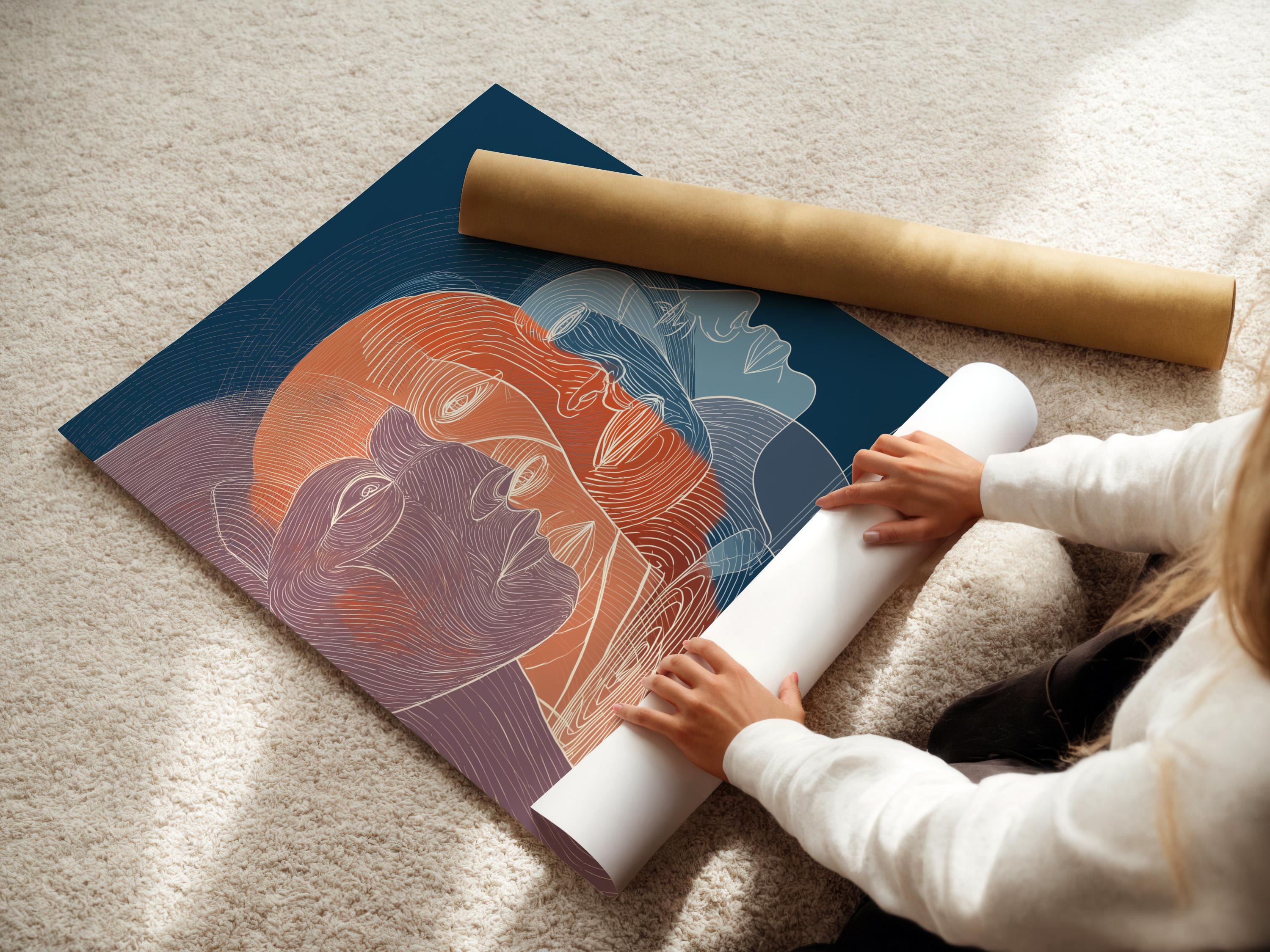 Room mockup showing an abstract faces wall artwork with indigo-blue and coral line profiles