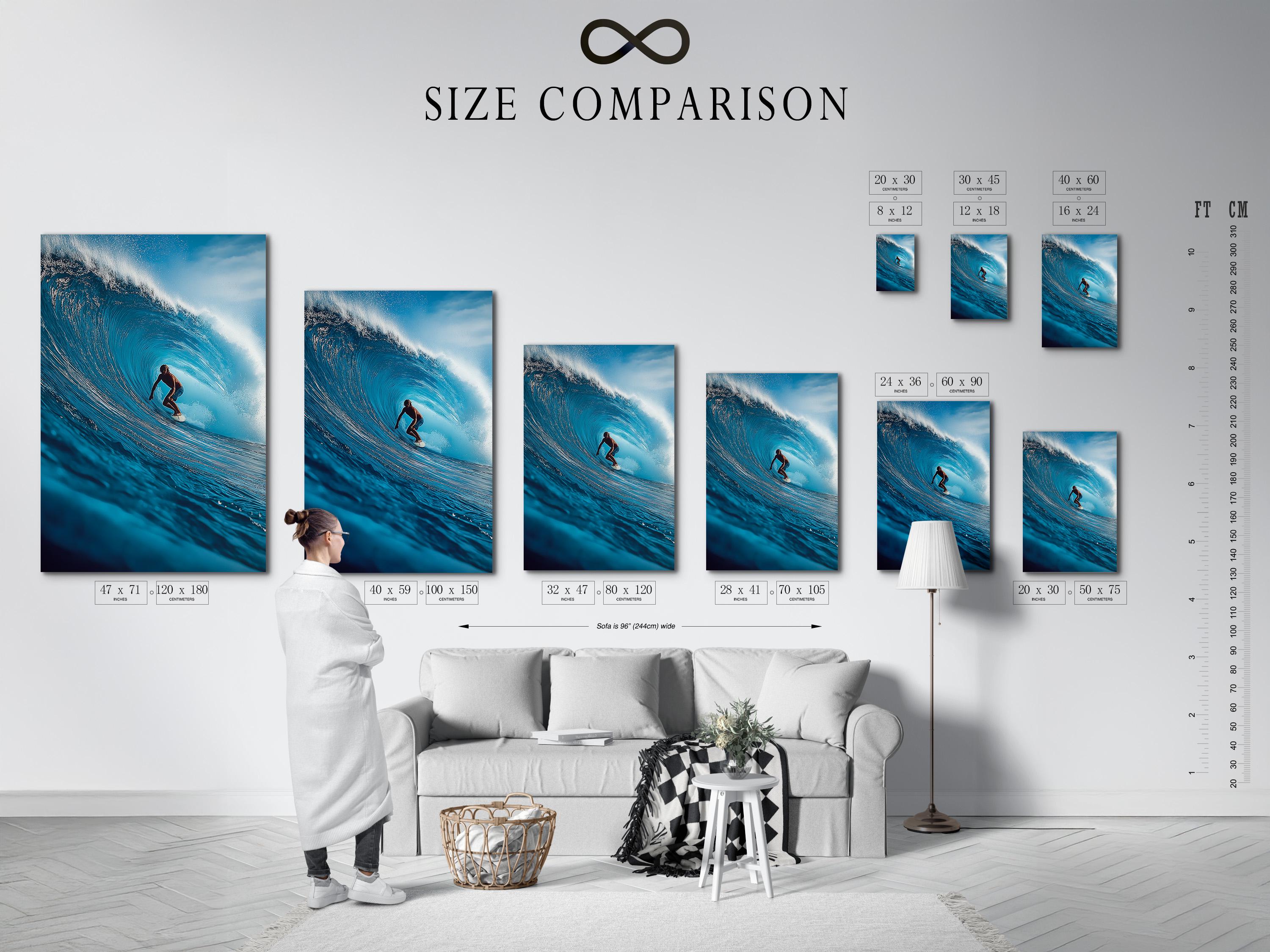 A blue ocean wave artwork shows a surfer riding through white foam, with bright sky-toned highlights and swirling water texture detail view