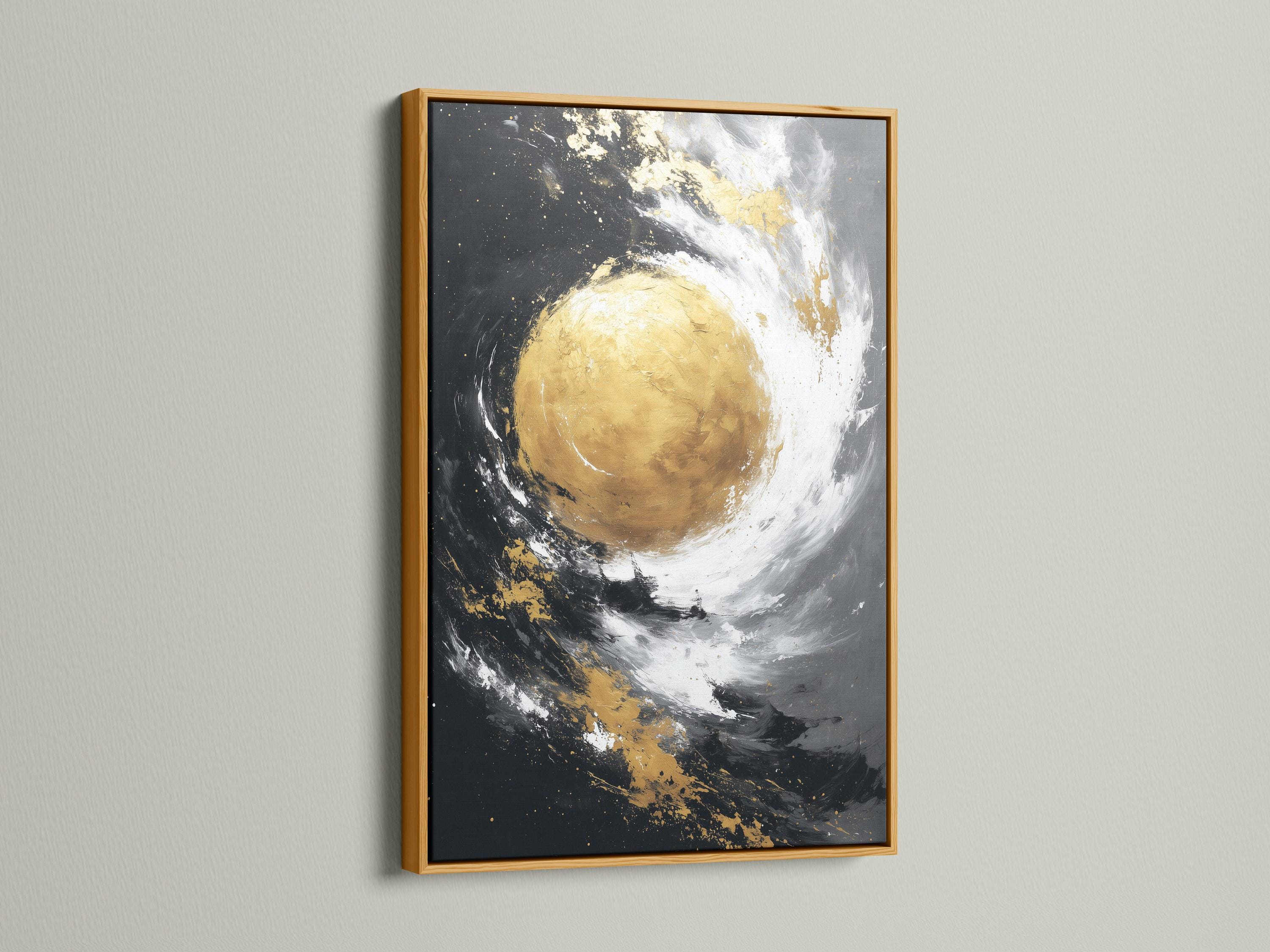 Abstract gold circle with white swirling arcs on a dark charcoal background detail view