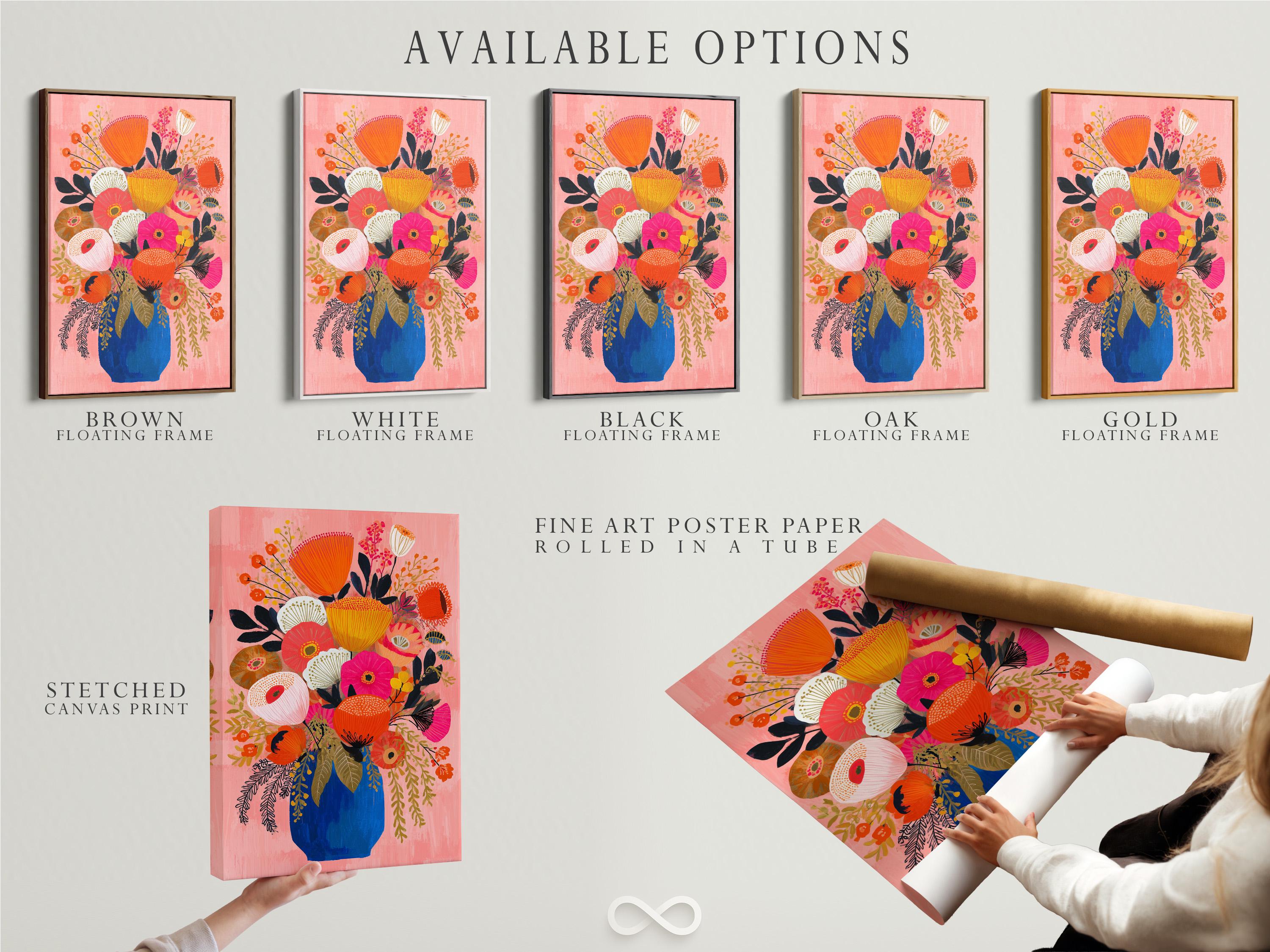 Floral bouquet artwork with pink, orange and cream flowers in a blue vase detail view