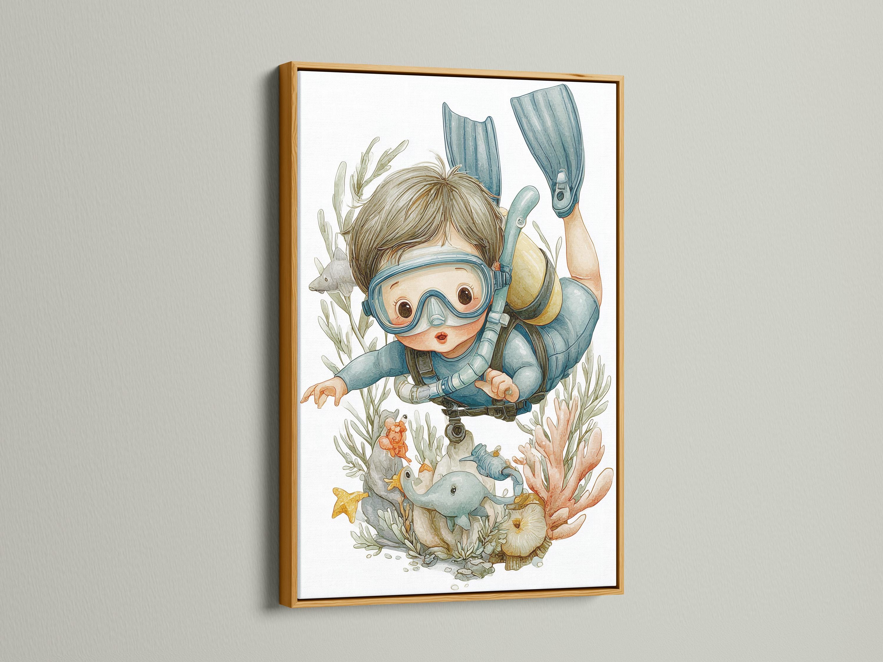Illustrated child diver underwater scene with seaweed, fish and starfish detail view