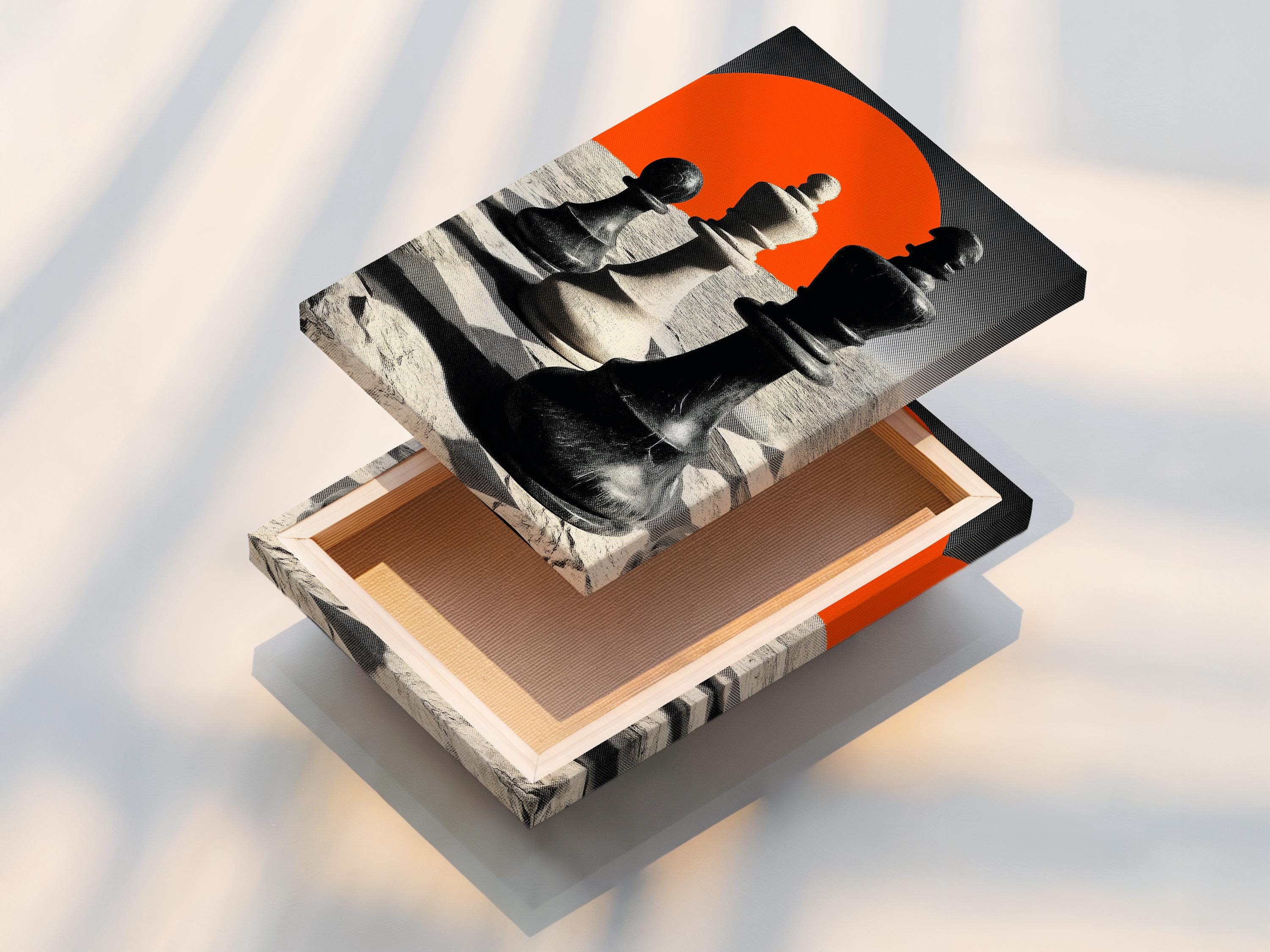High-contrast chess pieces with an orange sun and monochrome sandy landscape background detail view