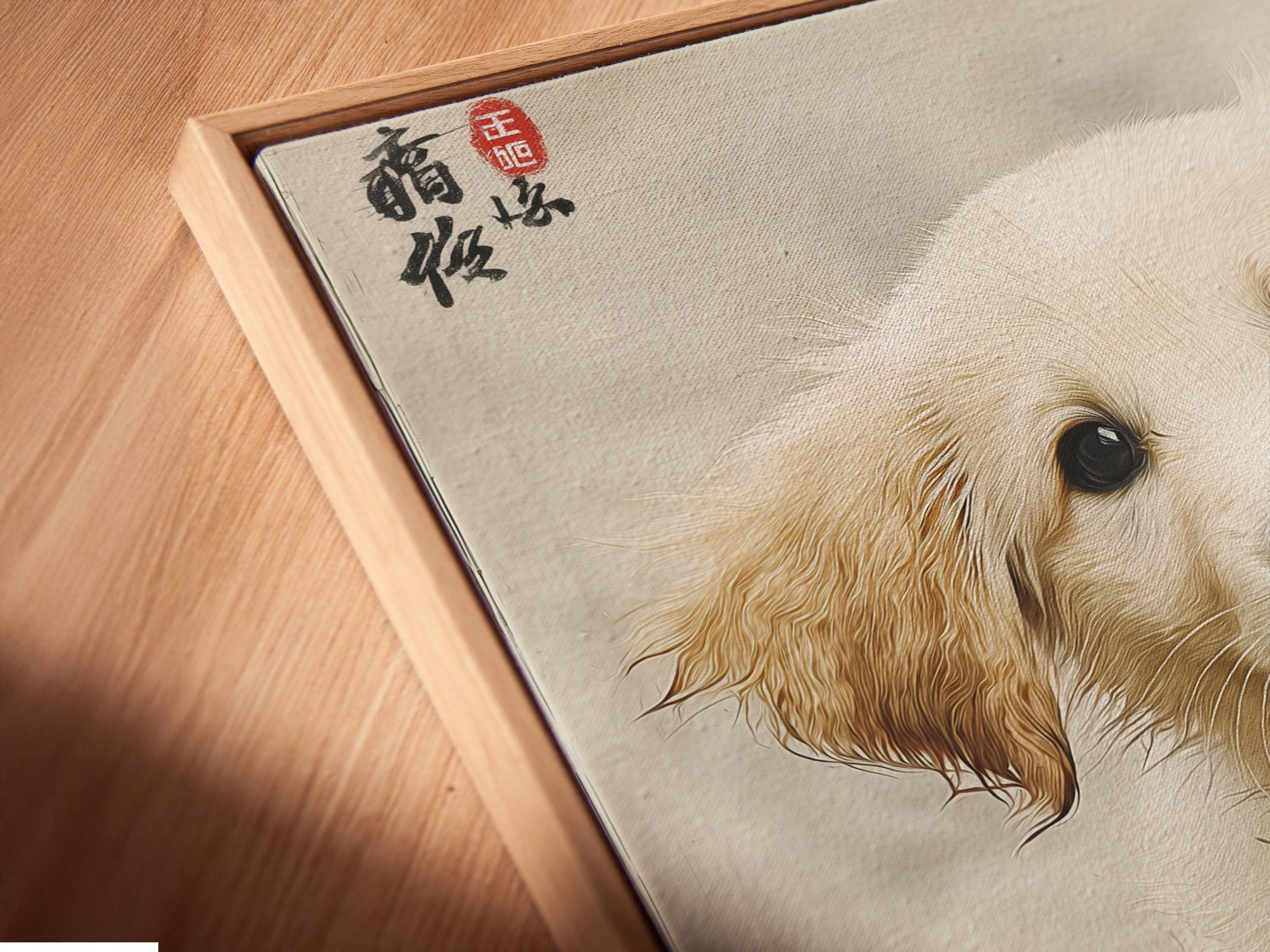 Golden retriever puppy portrait in cream and warm brown with a red bandana detail view