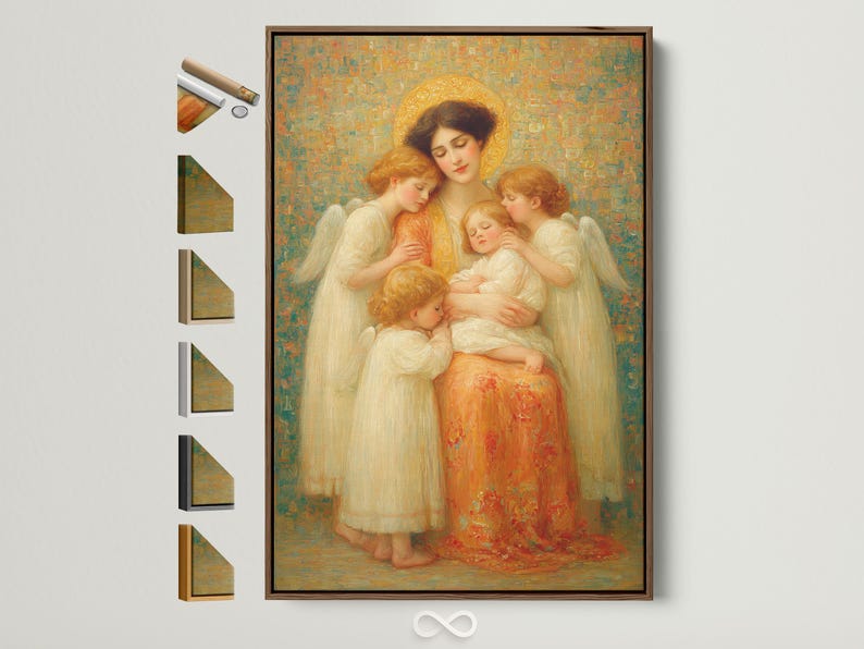 Painterly Madonna and Child scene with haloed angels and wings against a textured green-gold background