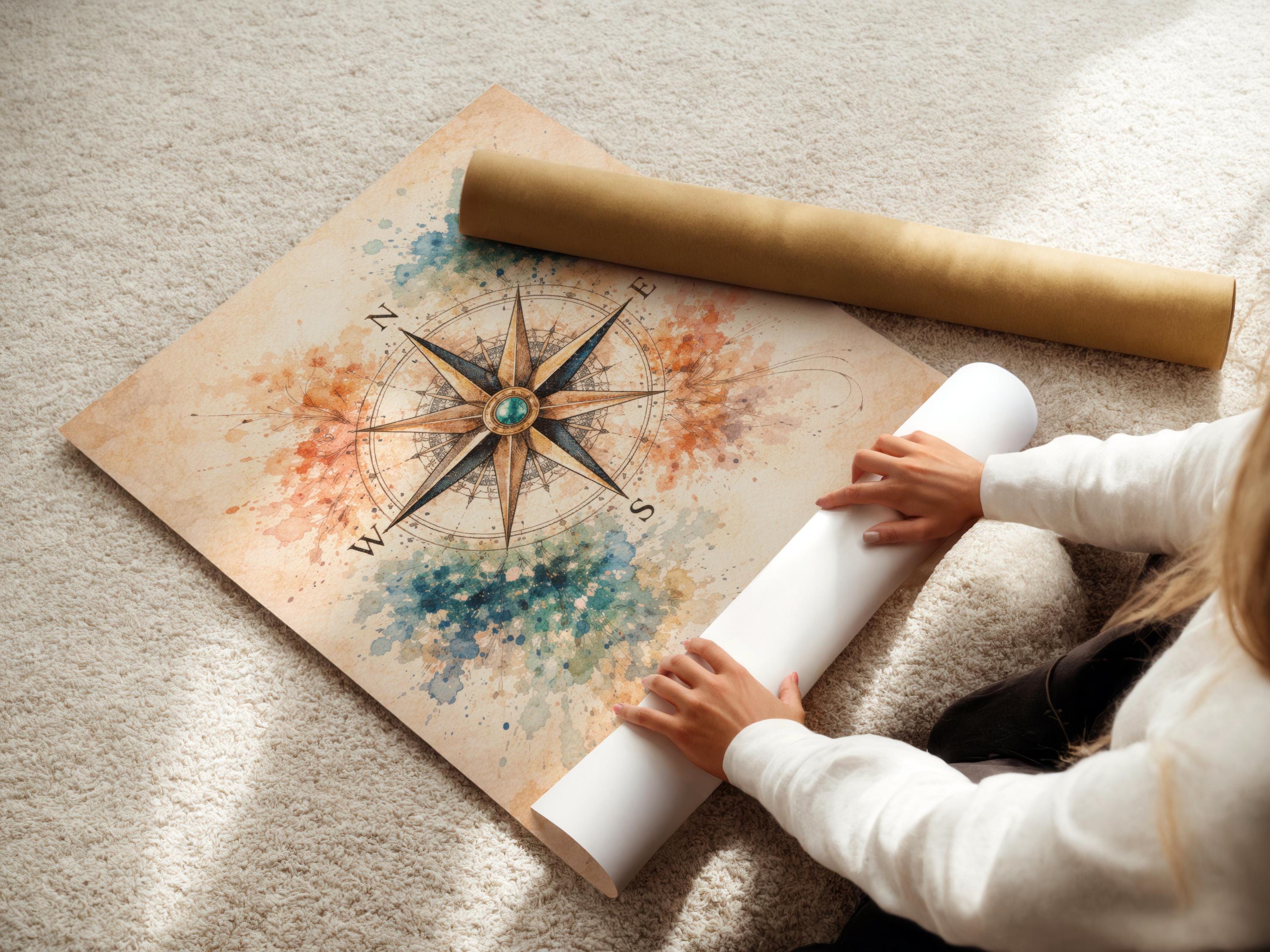 Compass rose with teal centre, directional tips and vintage map linework over cream background detail view