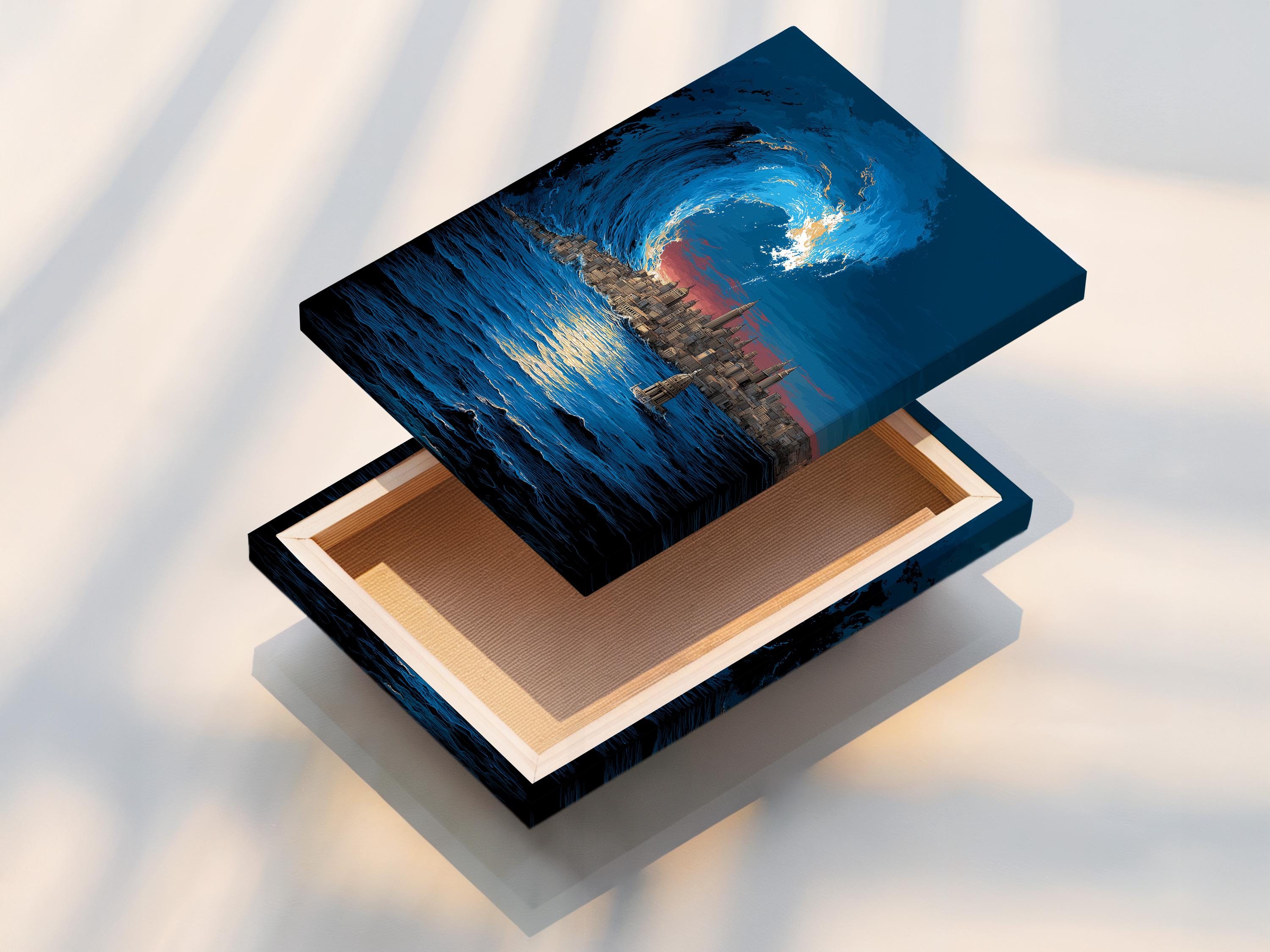 Coastal cityscape artwork in a framed wall mockup showing a large blue wave and skyline