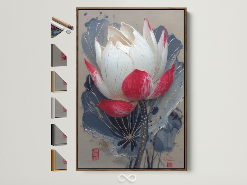 Lotus flower painting with white and red petals over deep blue leaves and gold speckles