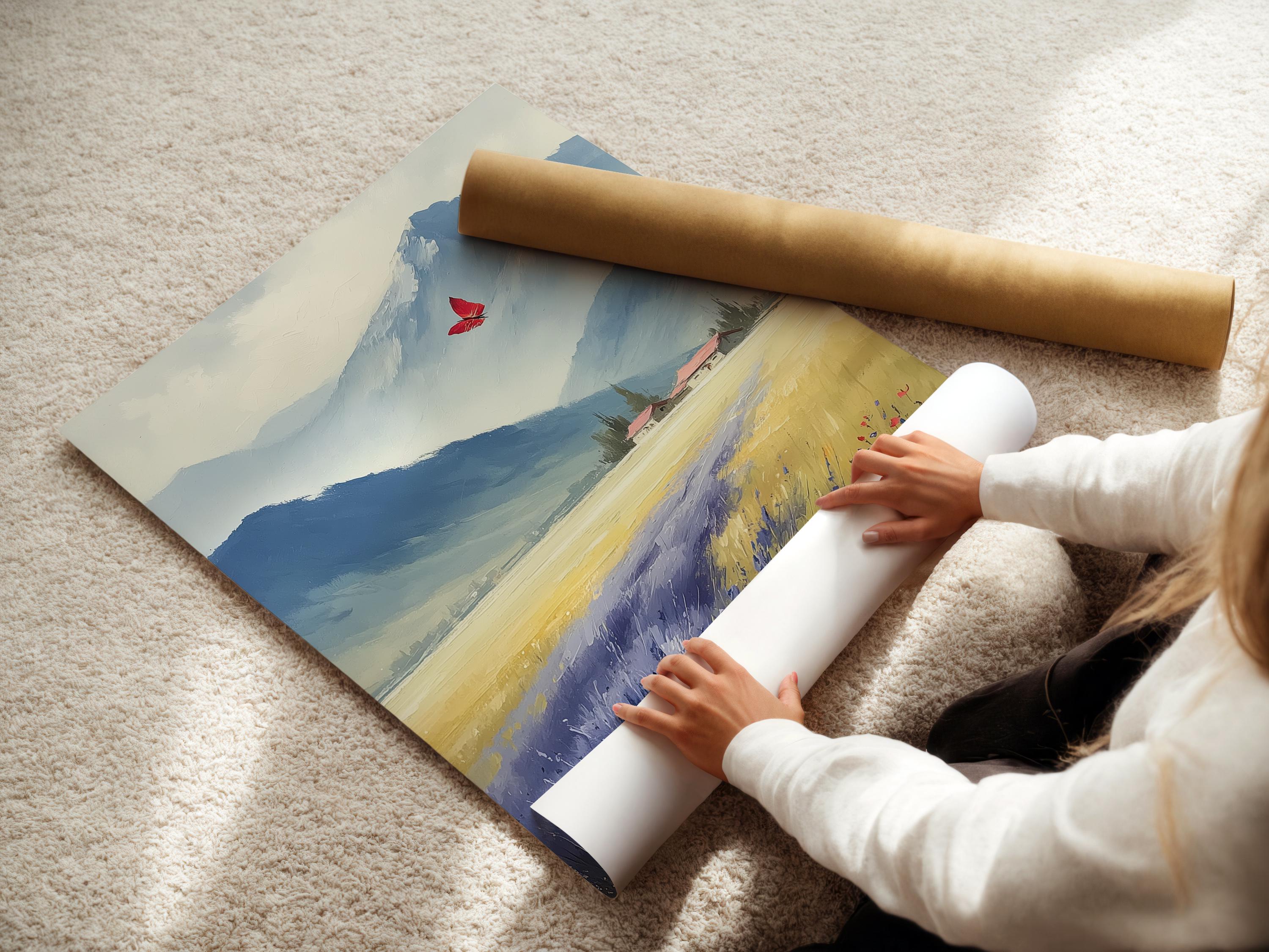 Room mockup showing a framed blue mountain landscape artwork with a red butterfly