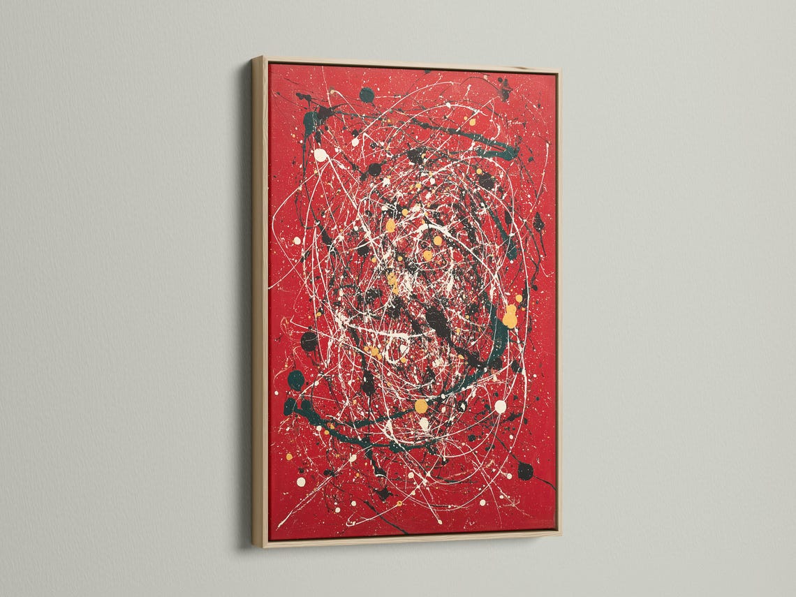 Red abstract artwork with white splatter lines, black and green shapes, and gold dots detail view