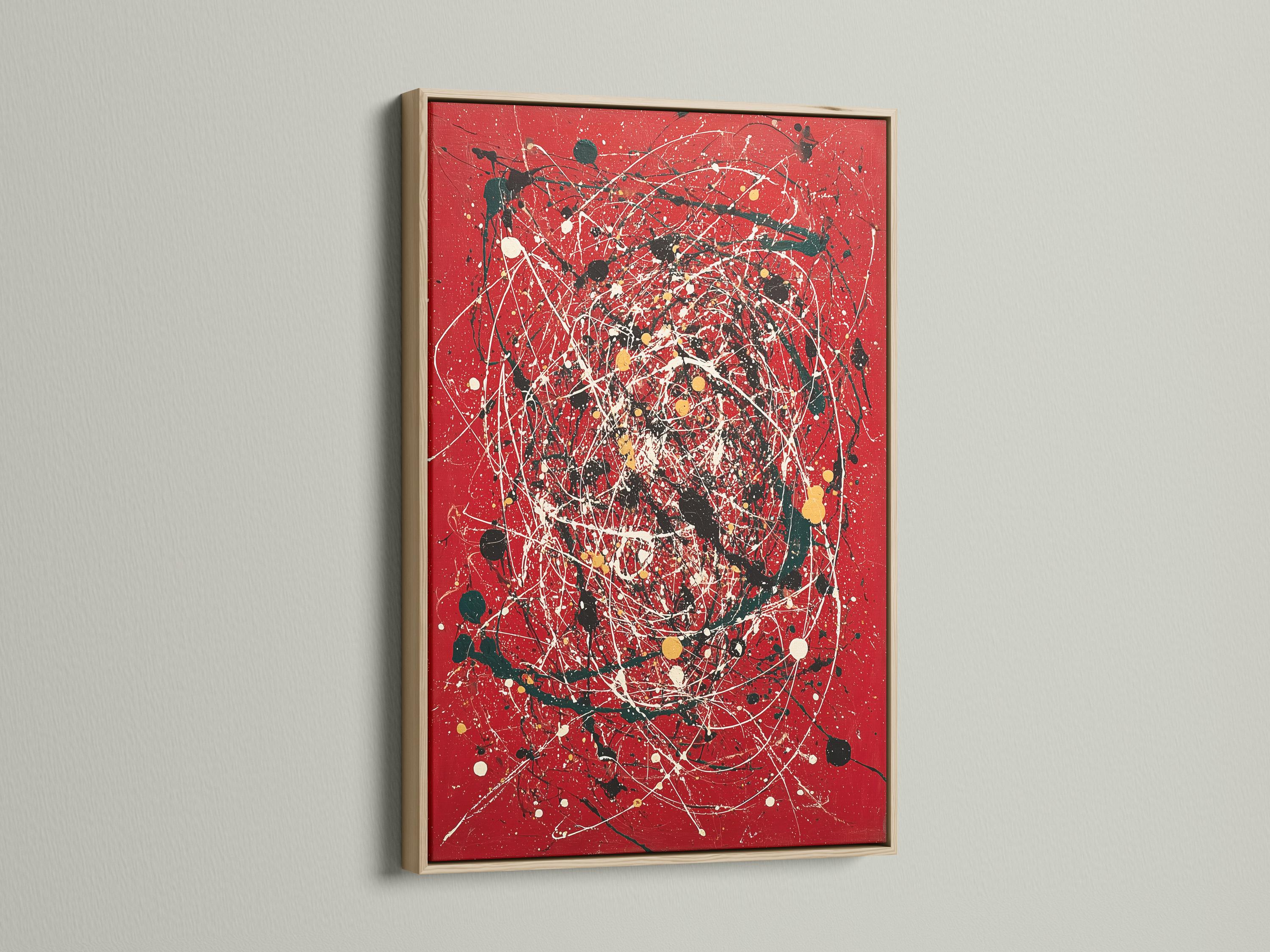 Red abstract artwork with white splatter lines, black and green shapes, and gold dots detail view