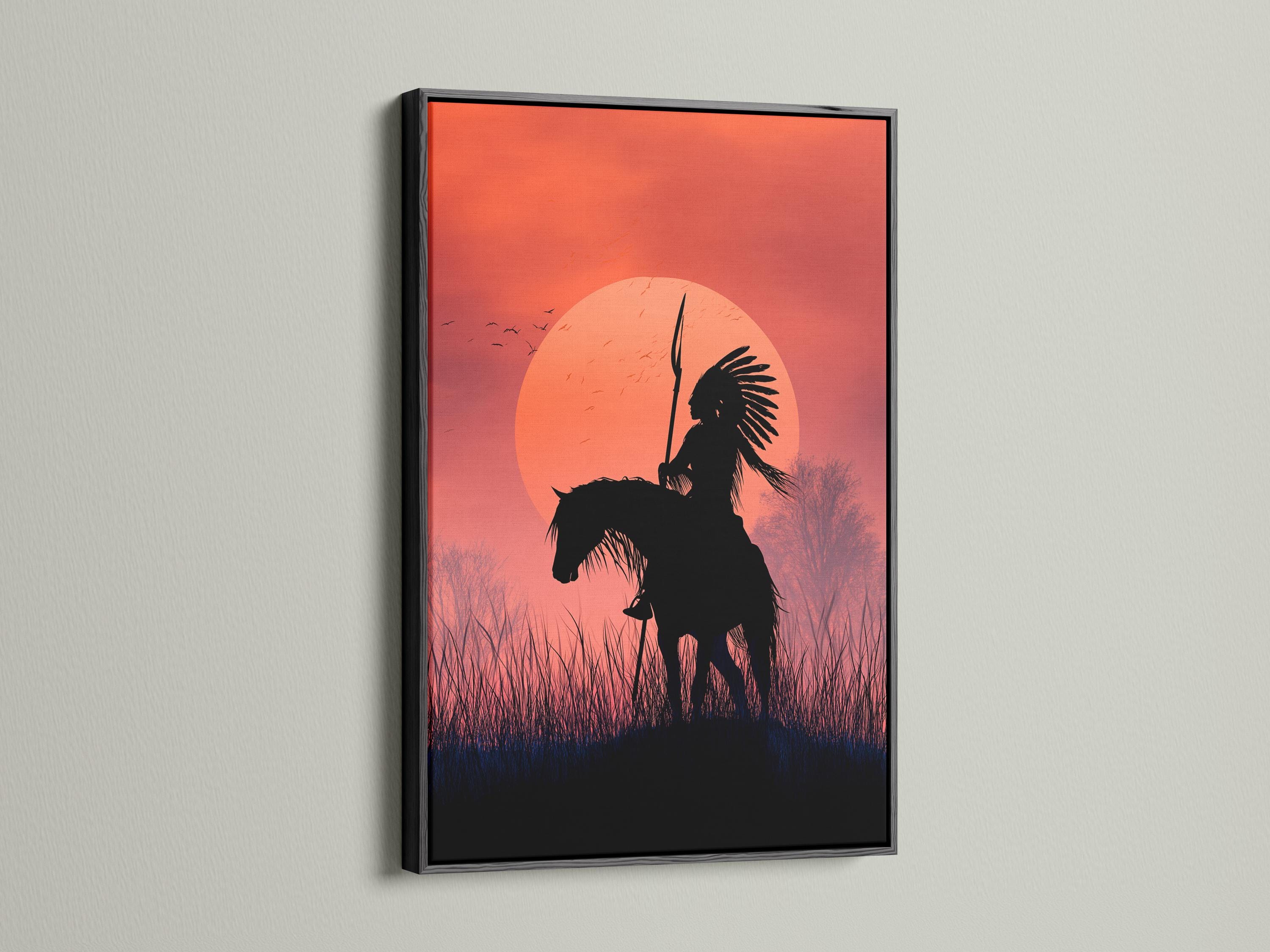 Black silhouette of a rider on horseback with an upright spear in front of a glowing sunset sun and grasses detail view