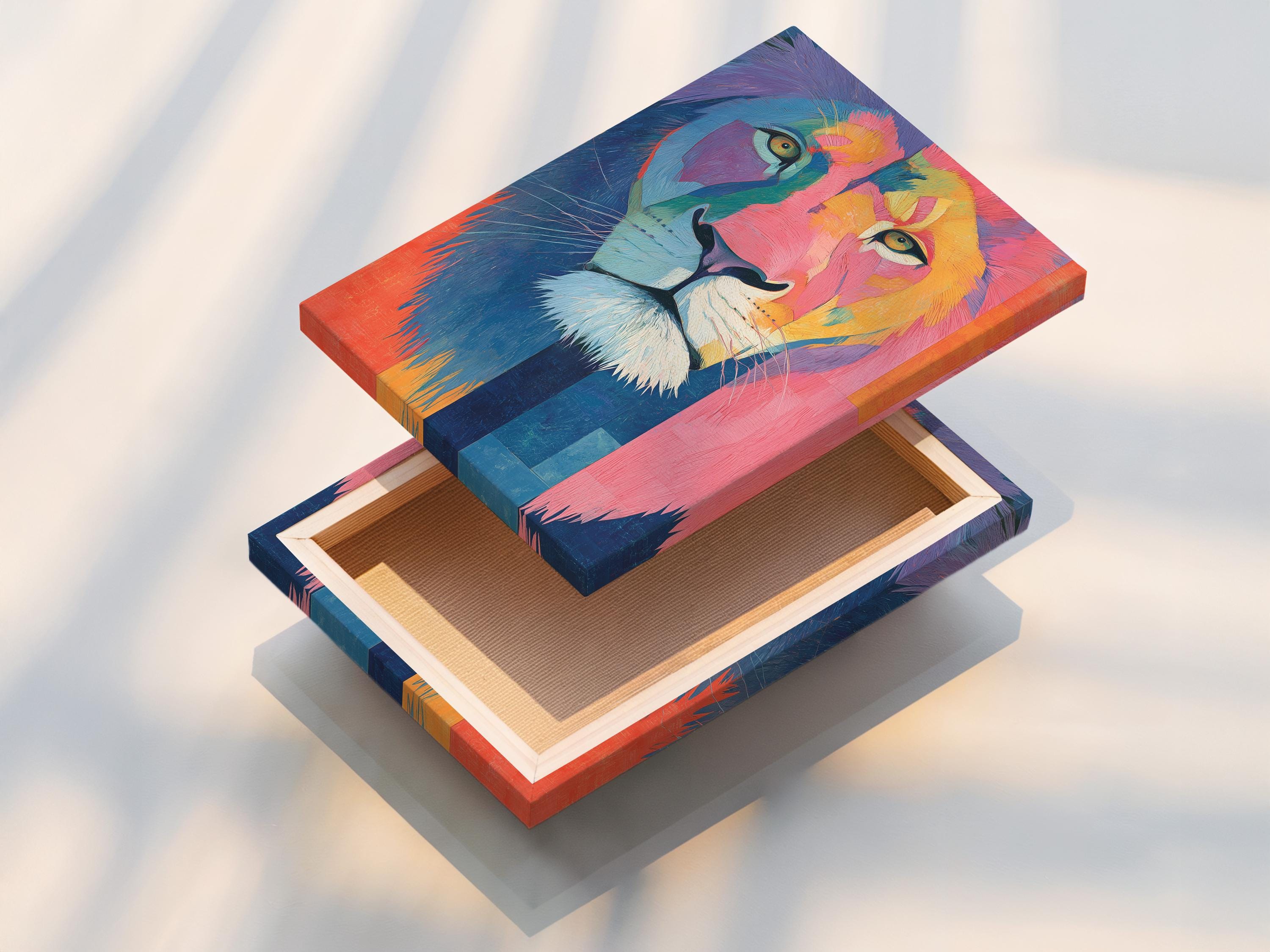 Lion wall art mockup with framed lion portrait in hot pink, blue and teal tones