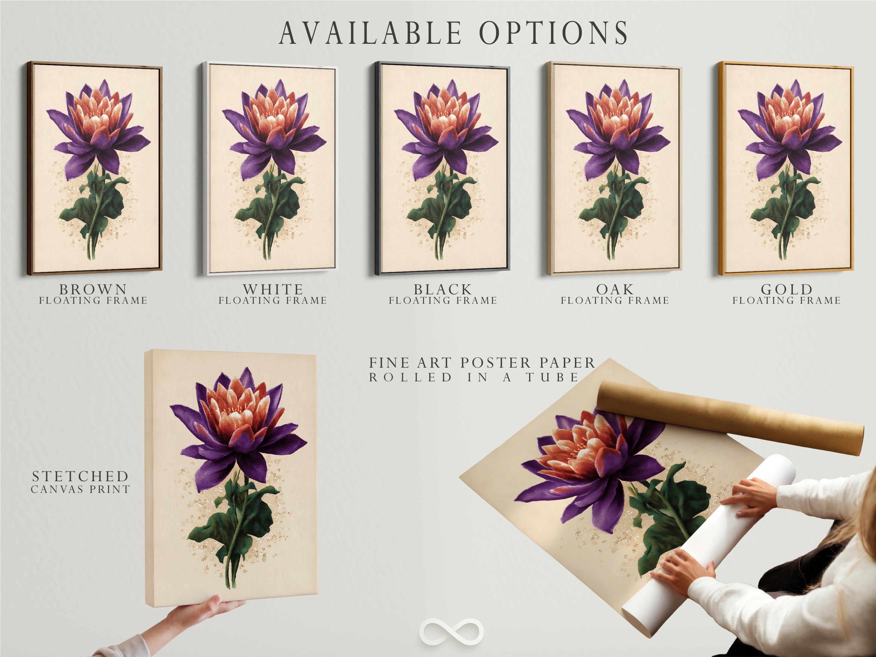 Lotus flower botanical artwork with purple petals, green leaves and gold speckles on a cream background detail view