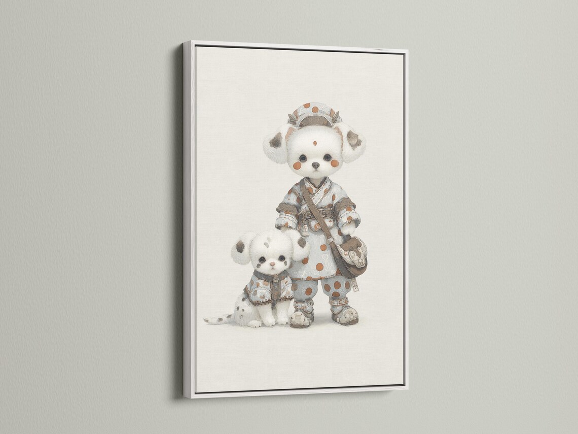 Illustrated beige puppy pair in patterned clothing against a cream background detail view