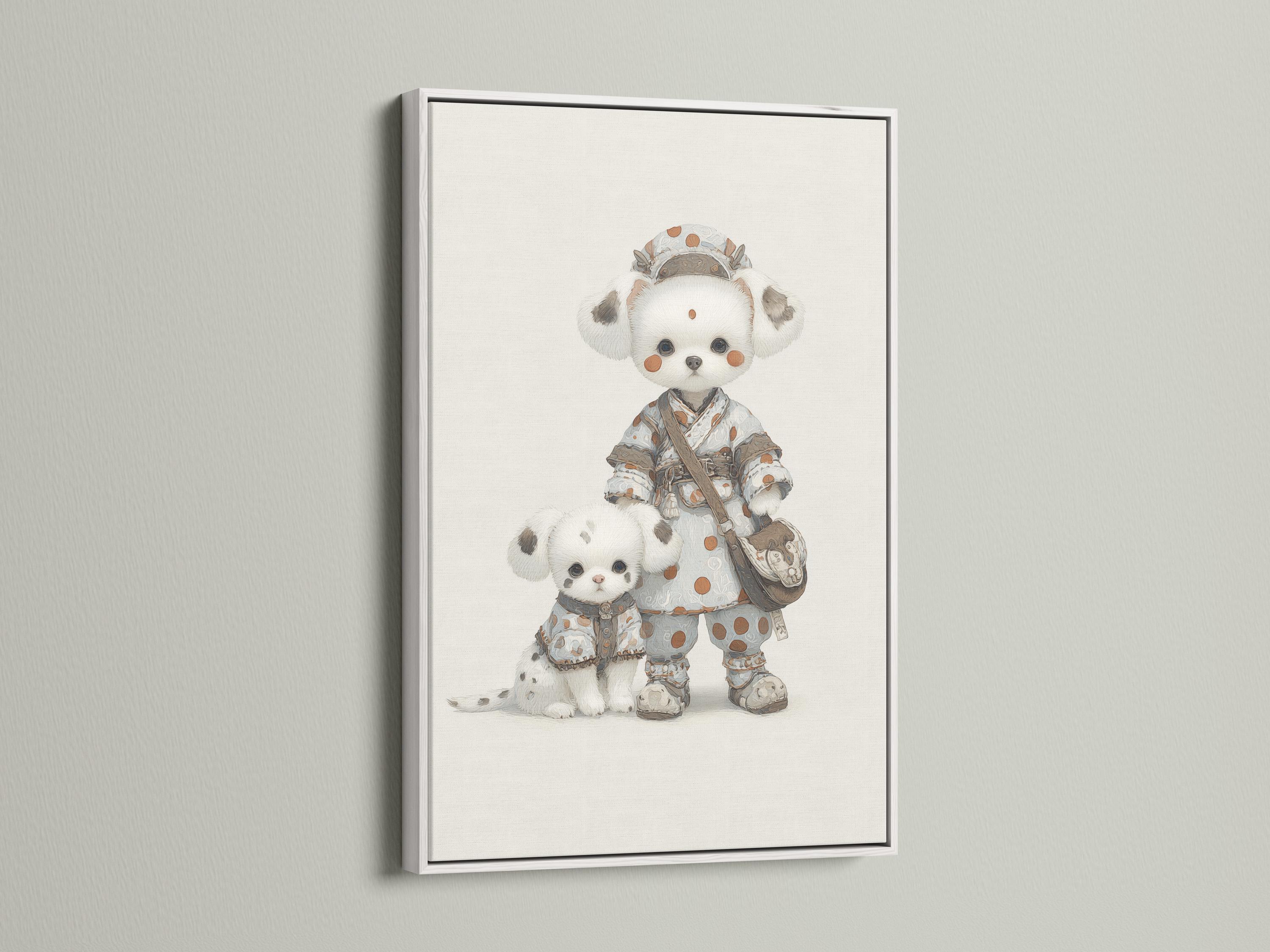 Illustrated beige puppy pair in patterned clothing against a cream background detail view