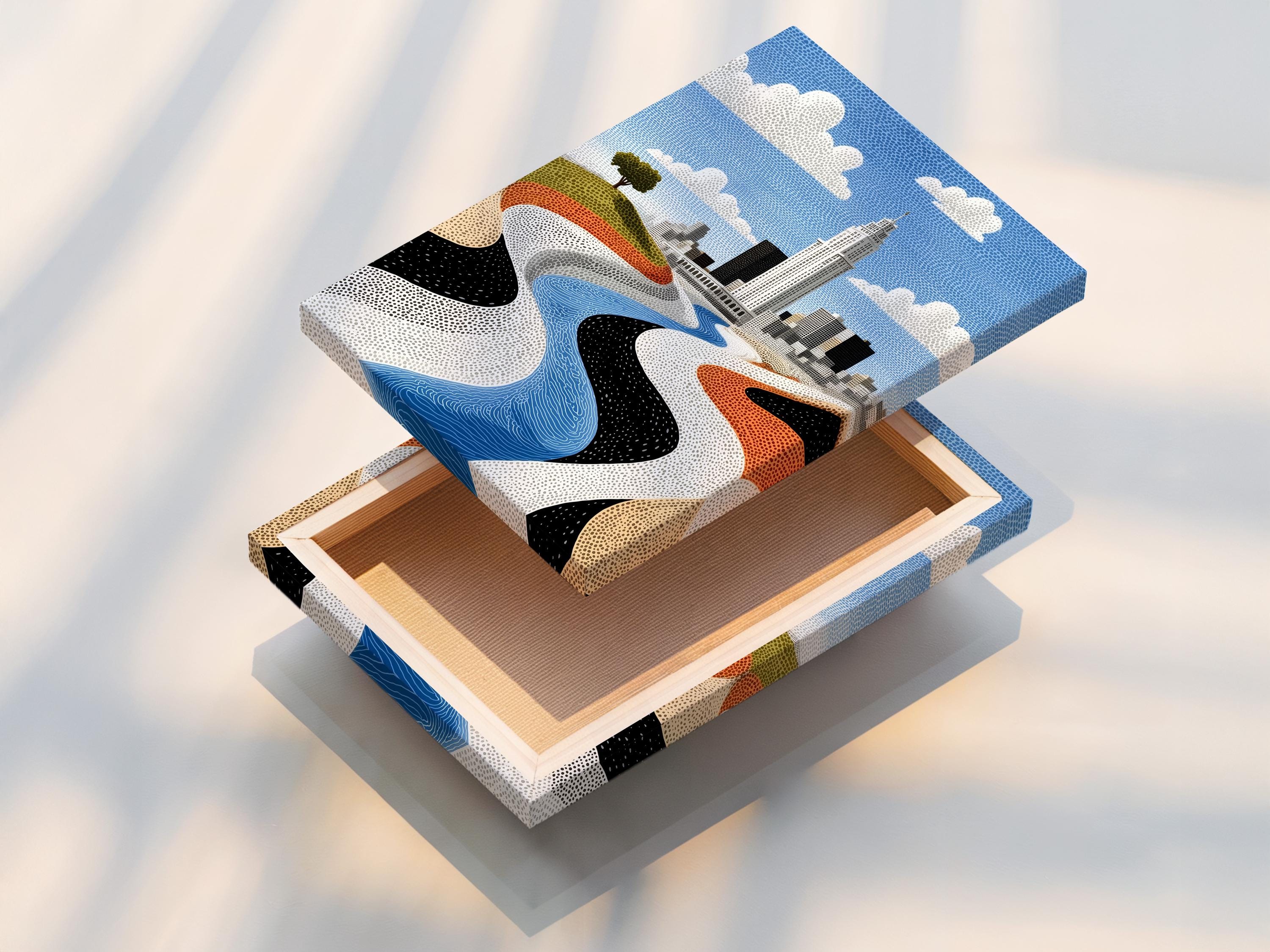Room mockup showing a framed cityscape artwork with a blue river and skyline