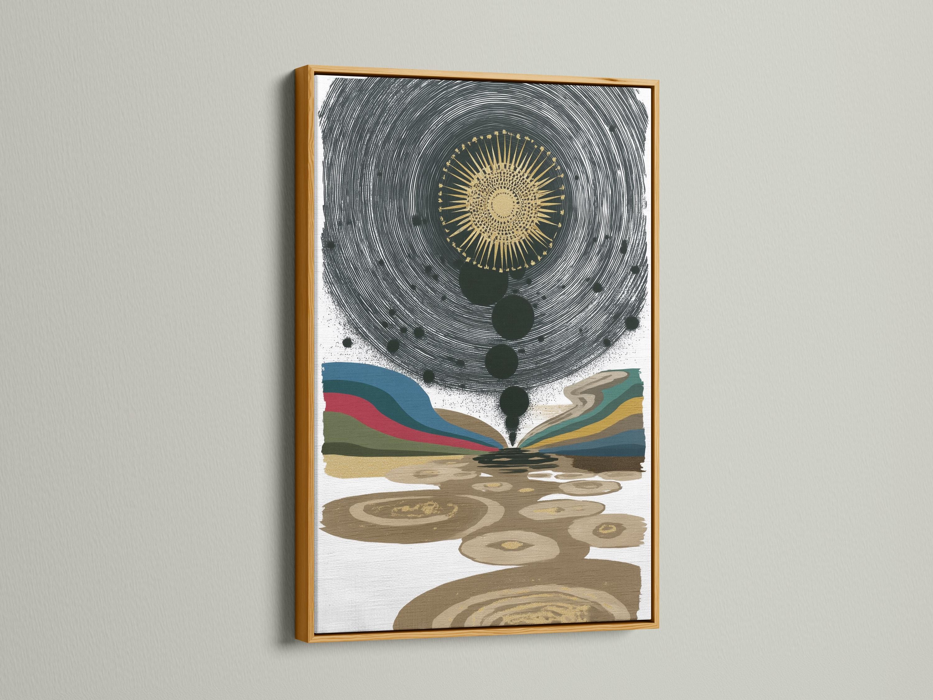 Abstract celestial eye with gold sunburst, concentric black lines and multicoloured wave bands detail view