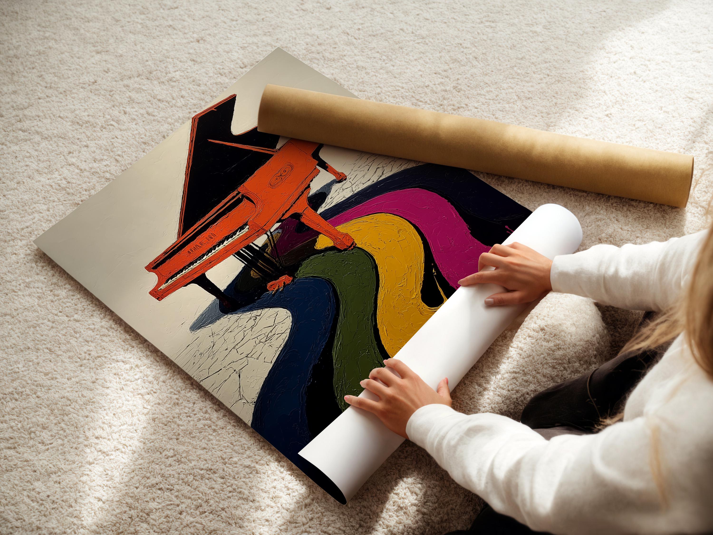 Stylised grand piano in orange and black with textured rainbow curves detail view