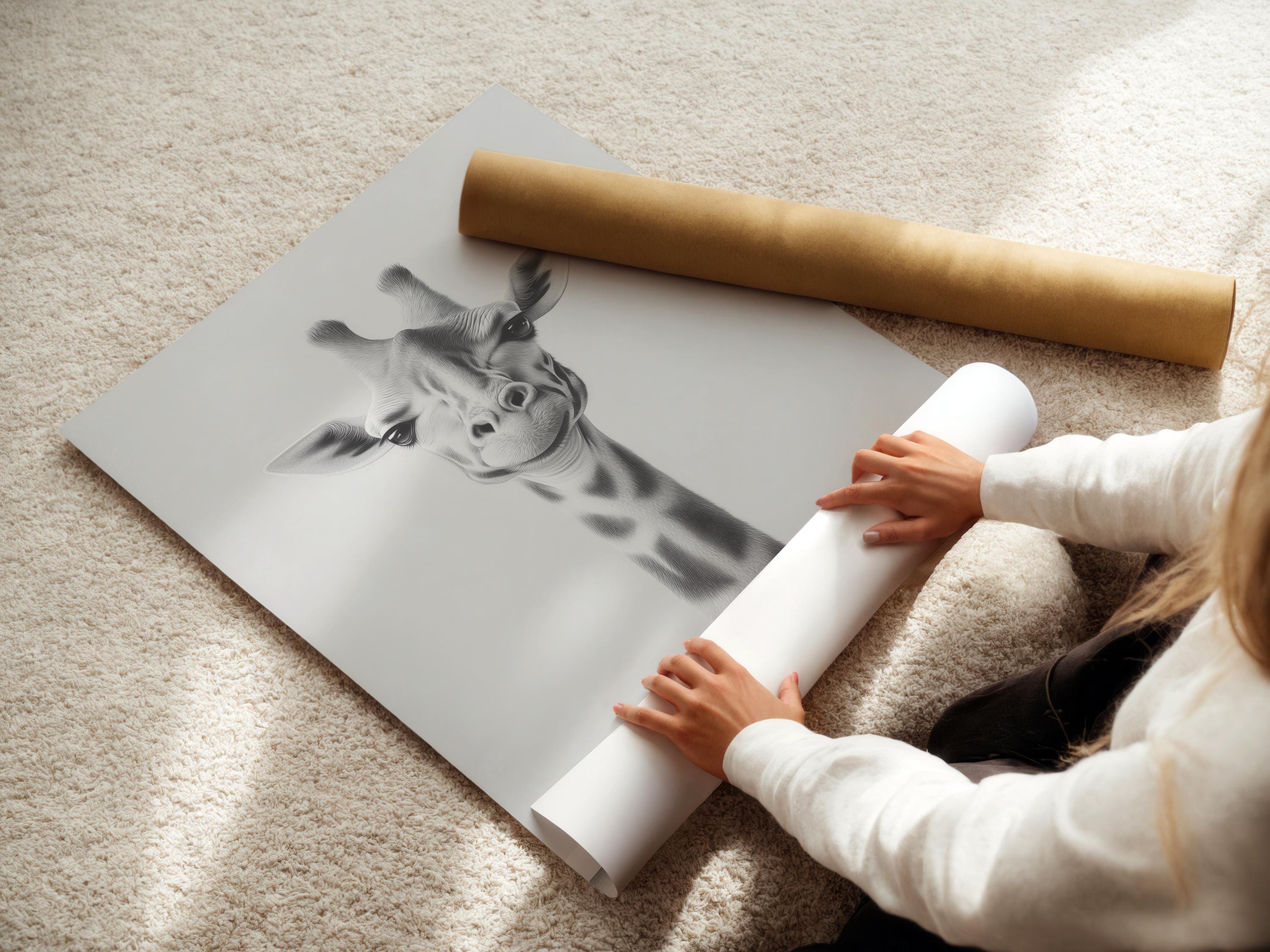 Black and white giraffe portrait illustration with soft sketch shading detail view