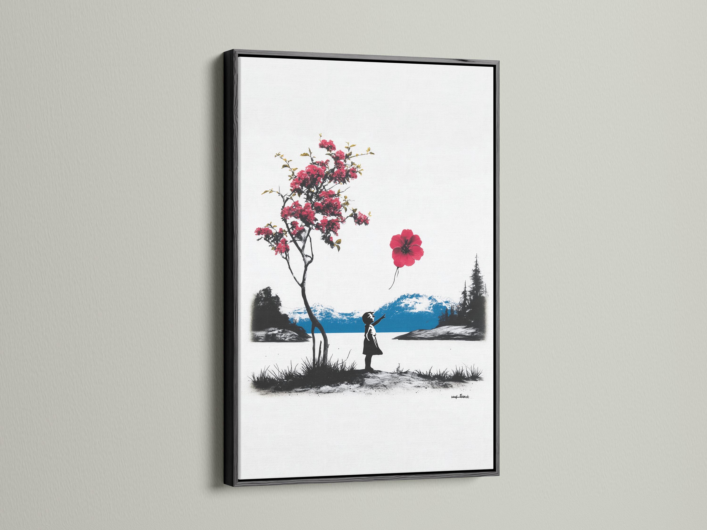 Room mockup showing a framed artwork of a silhouetted girl holding a red balloon in a black-and-white landscape