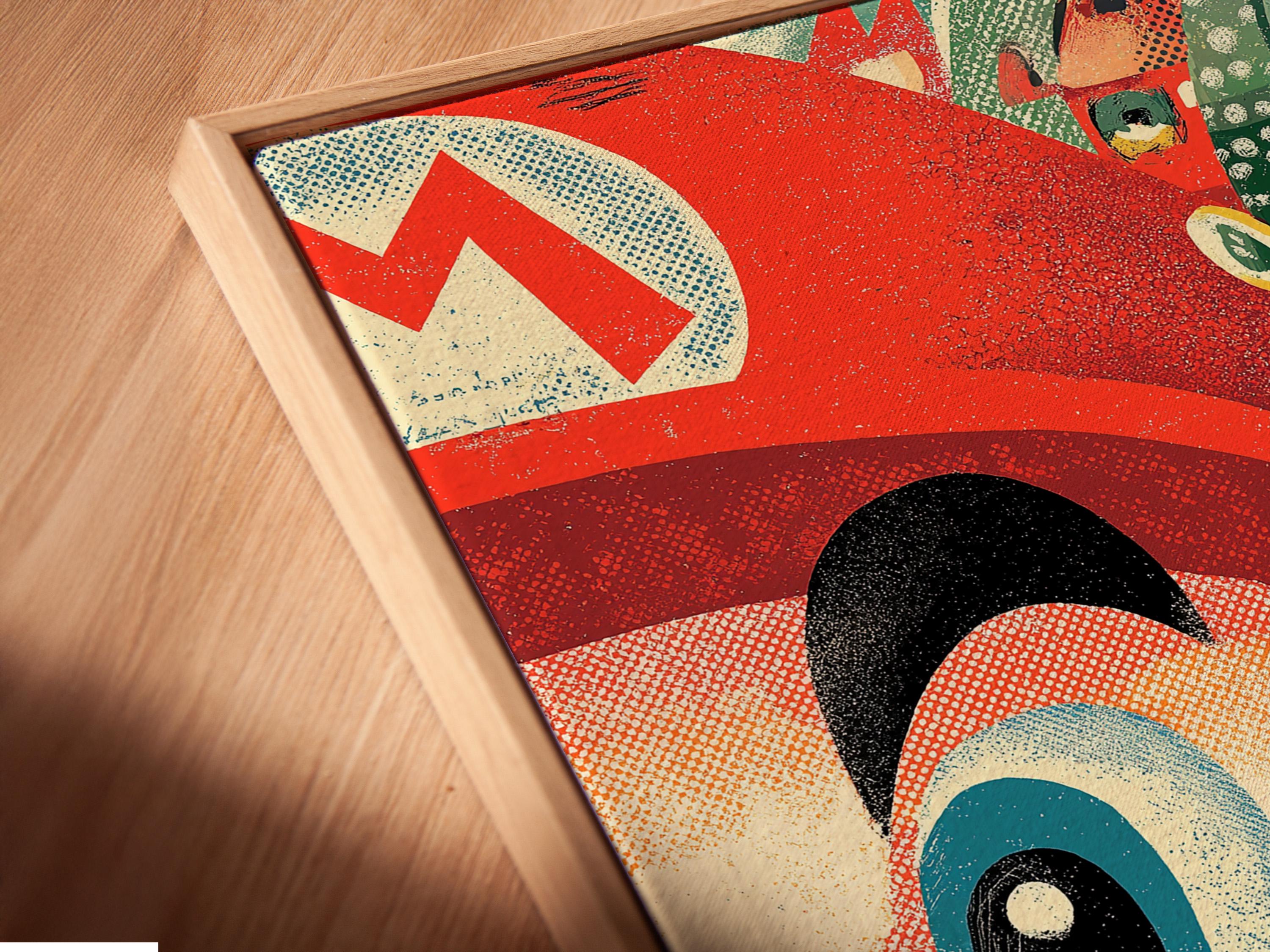 Retro gaming wall art with red and green collage design shown on a wall