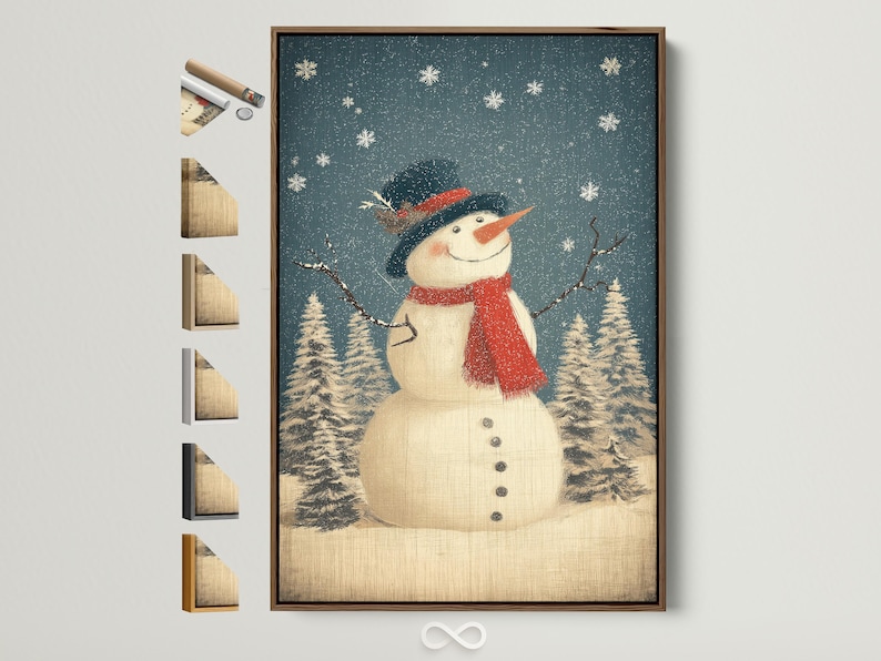 Smiling snowman with red scarf and dark hat in a snowy pine forest with falling snow