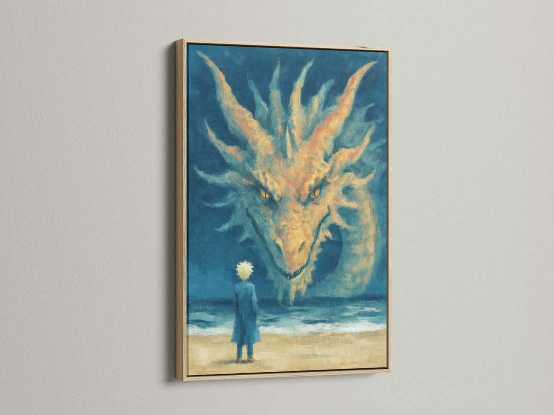 Blue dragon-like creature with glowing yellow eyes over a sandy beach ocean scene detail view