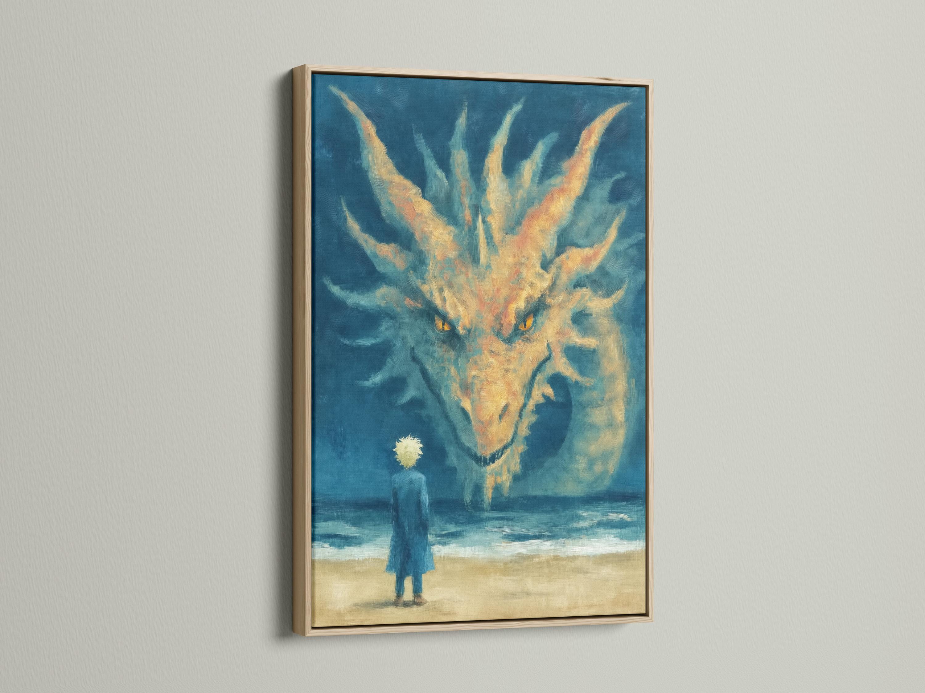 Blue dragon-like creature with glowing yellow eyes over a sandy beach ocean scene detail view