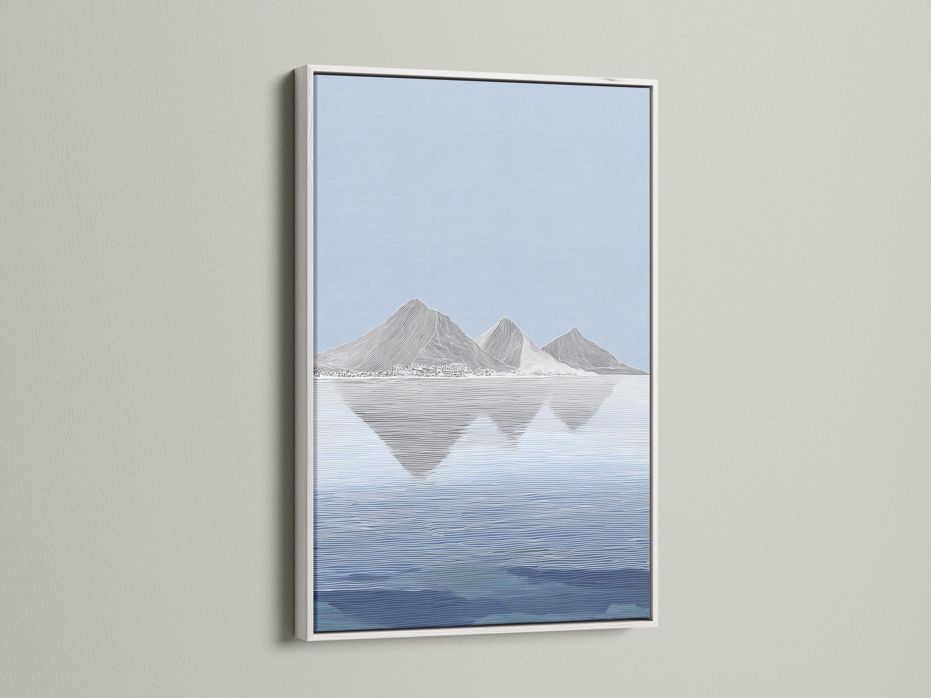 Wall mockup showing a framed blue minimalist mountain reflection landscape artwork