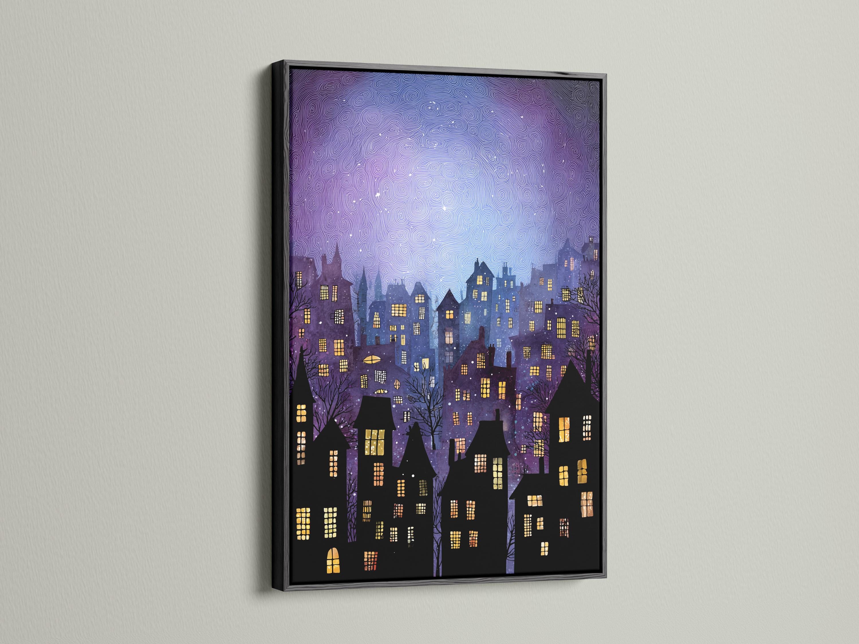Night cityscape with purple sky, moon glow, black buildings and glowing yellow windows detail view