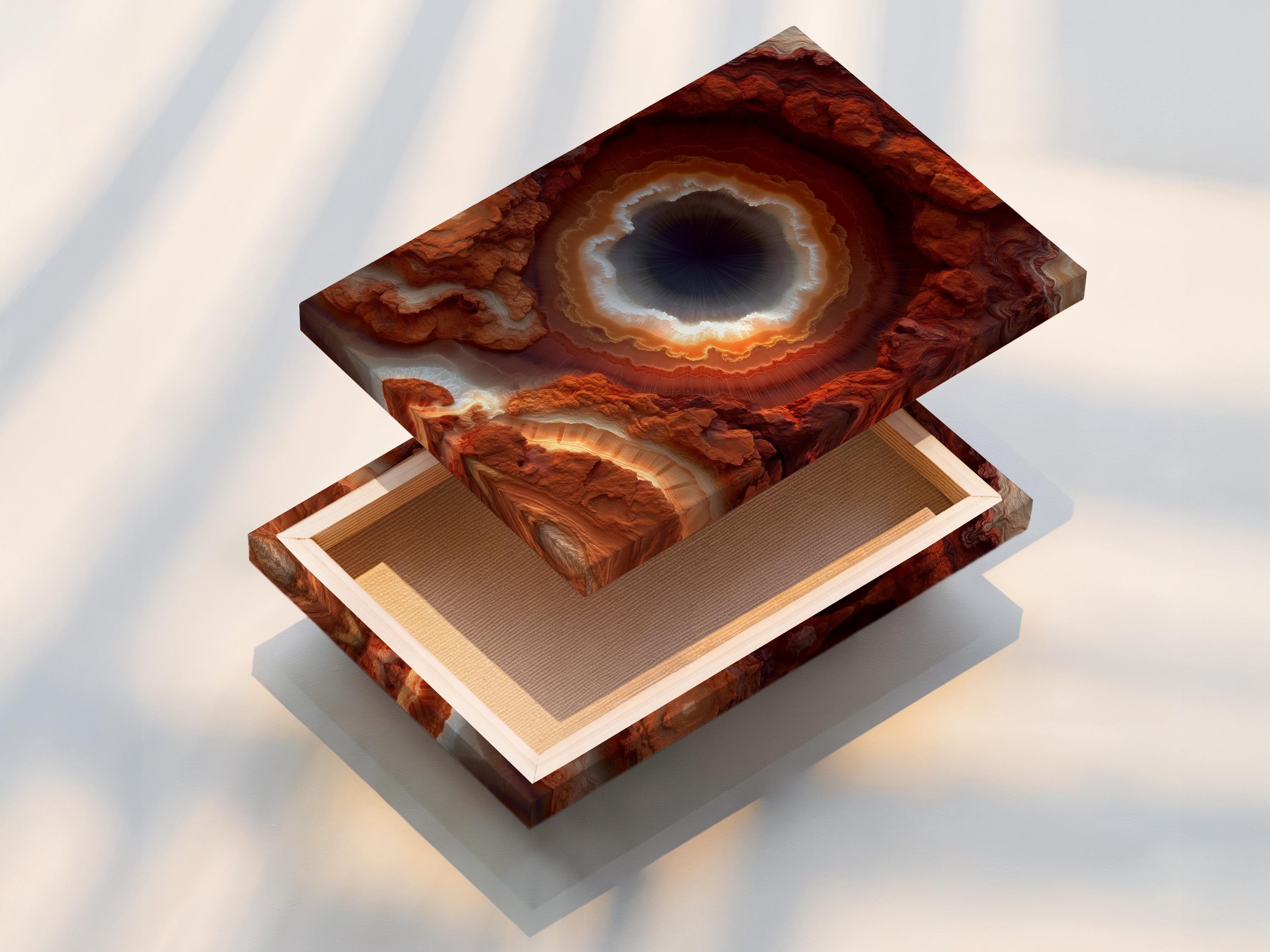 A rust orange geode-like abstract design shows a bright glowing ring around a dark centre, surrounded by marbled stone textures detail view