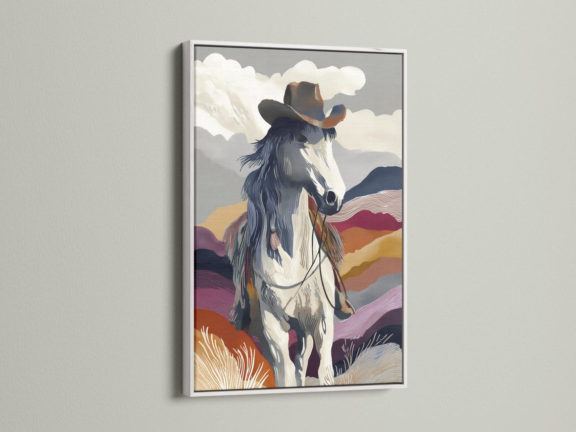 A stylised rearing horse over layered western hills and cloud shapes detail view