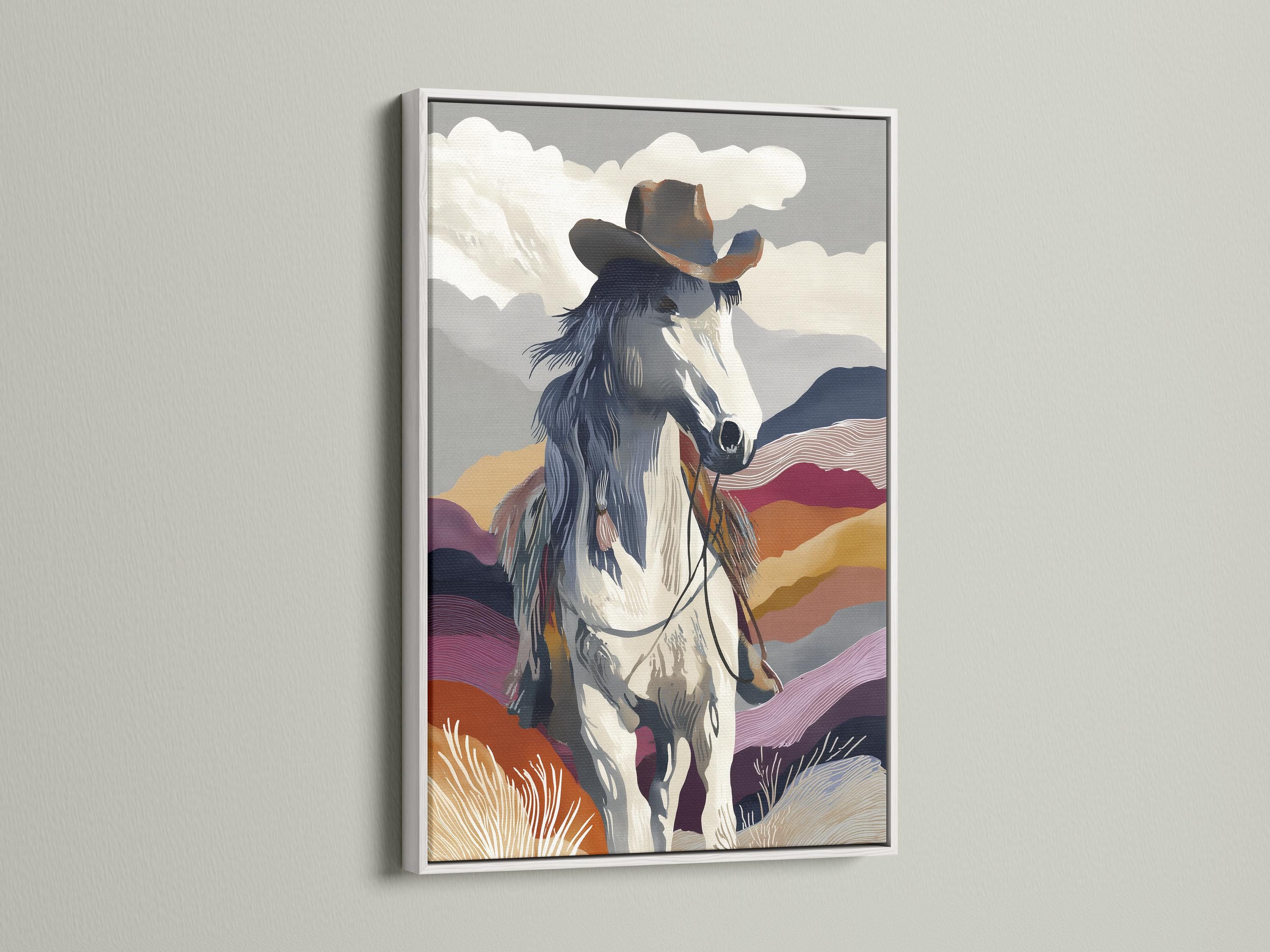A stylised rearing horse over layered western hills and cloud shapes detail view