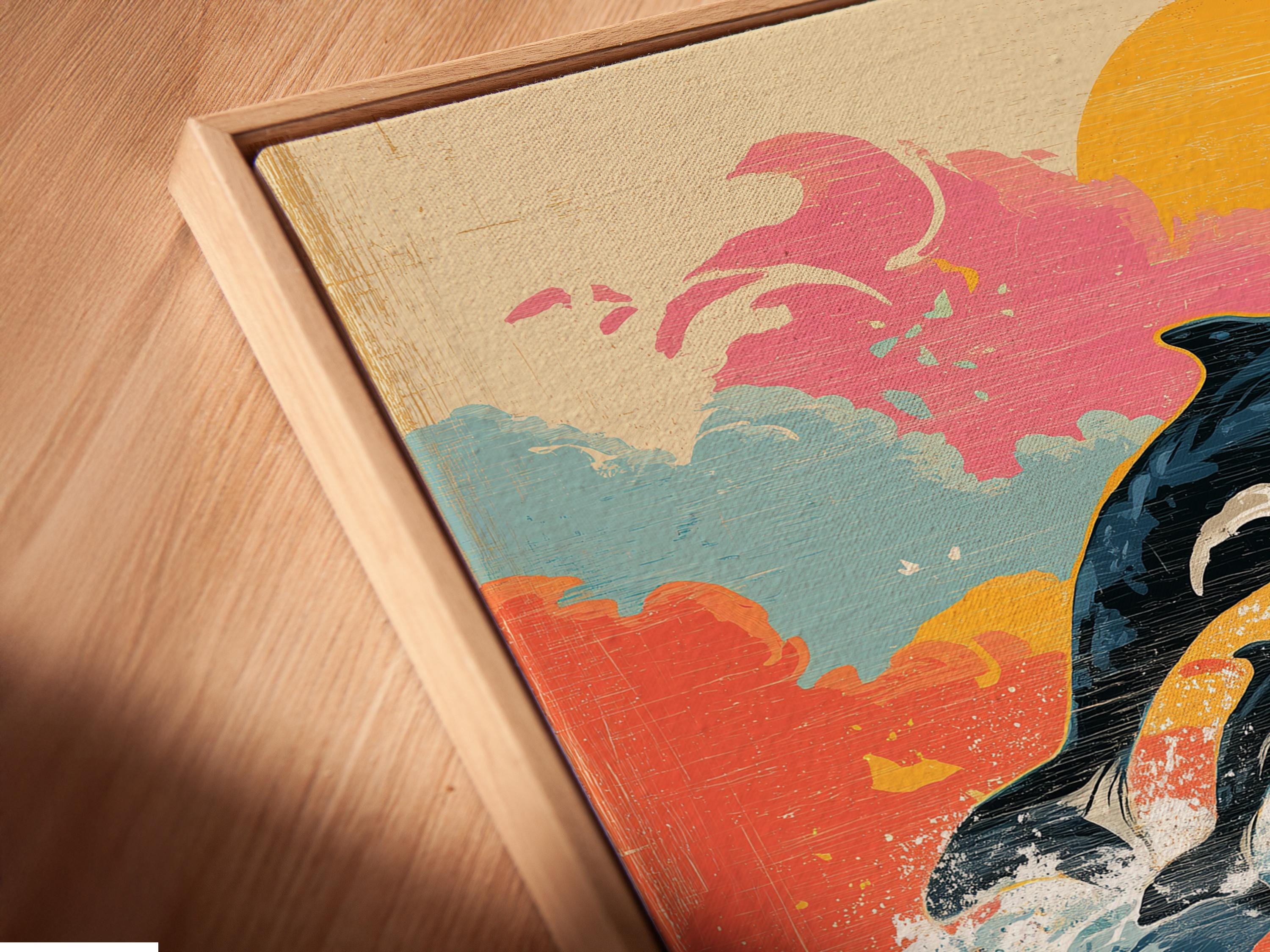 Retro ocean artwork with stylised whales jumping through foamy waves under a large orange sun detail view