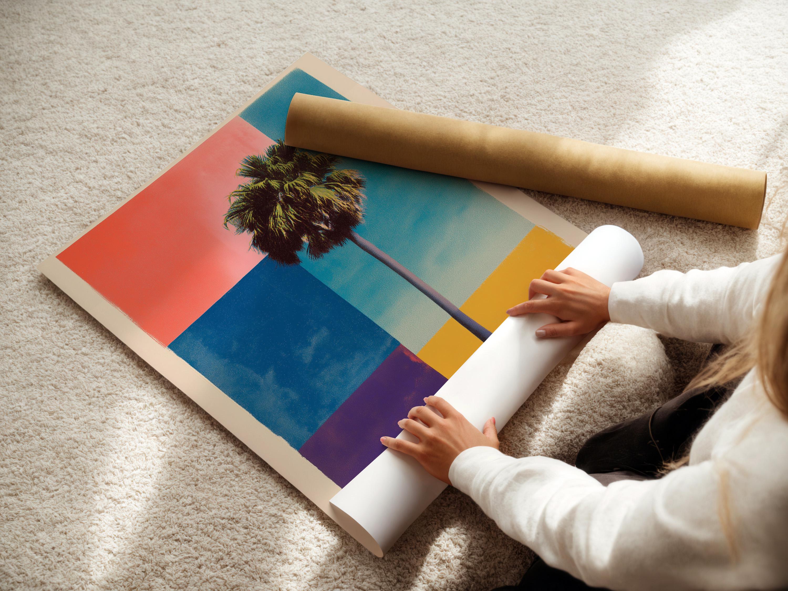 Retro geometric palm tree artwork with coral sky and turquoise blue blocks detail view