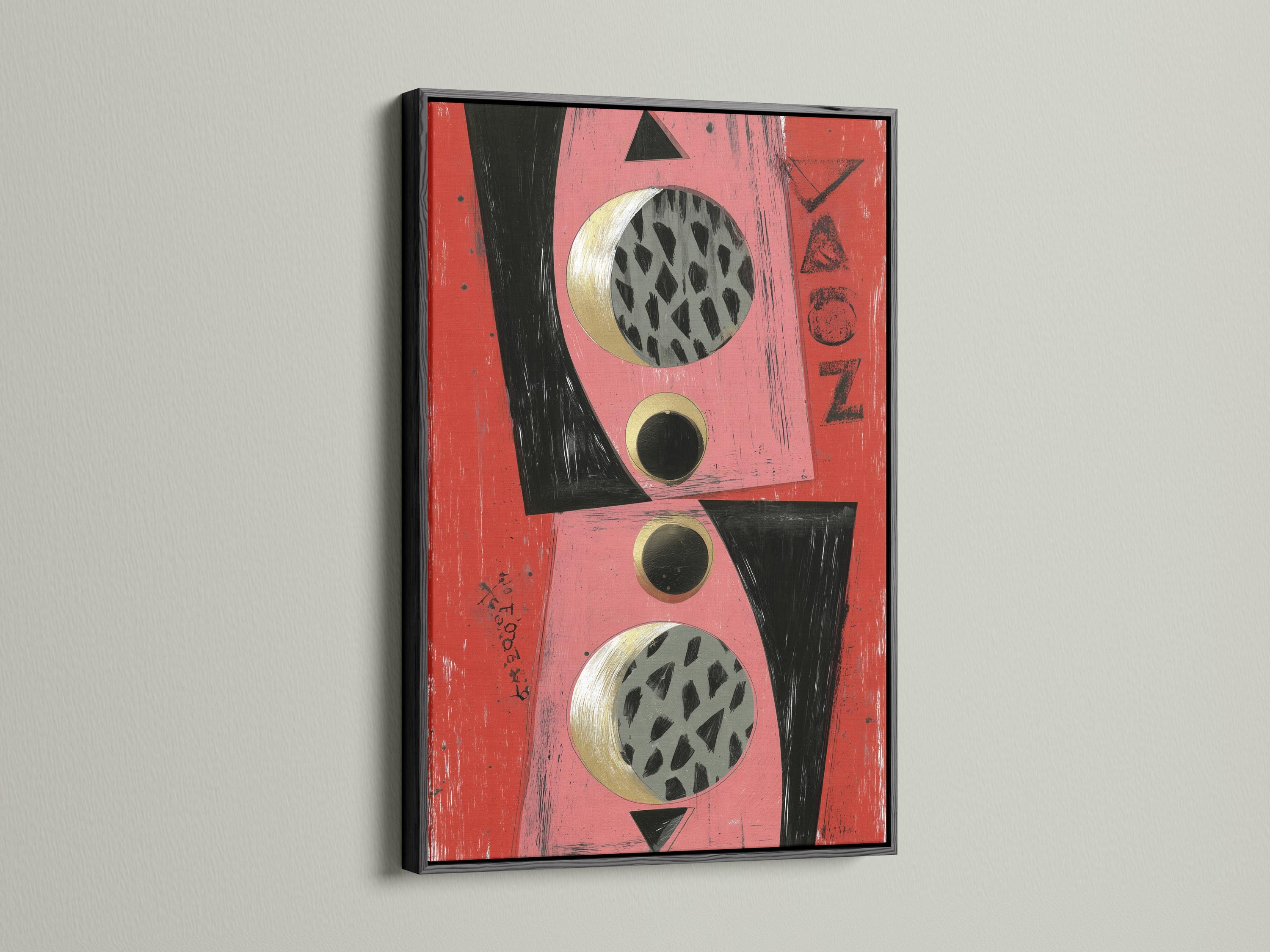 Abstract geometric artwork with coral and pink background, black shapes and gold-ring circles detail view