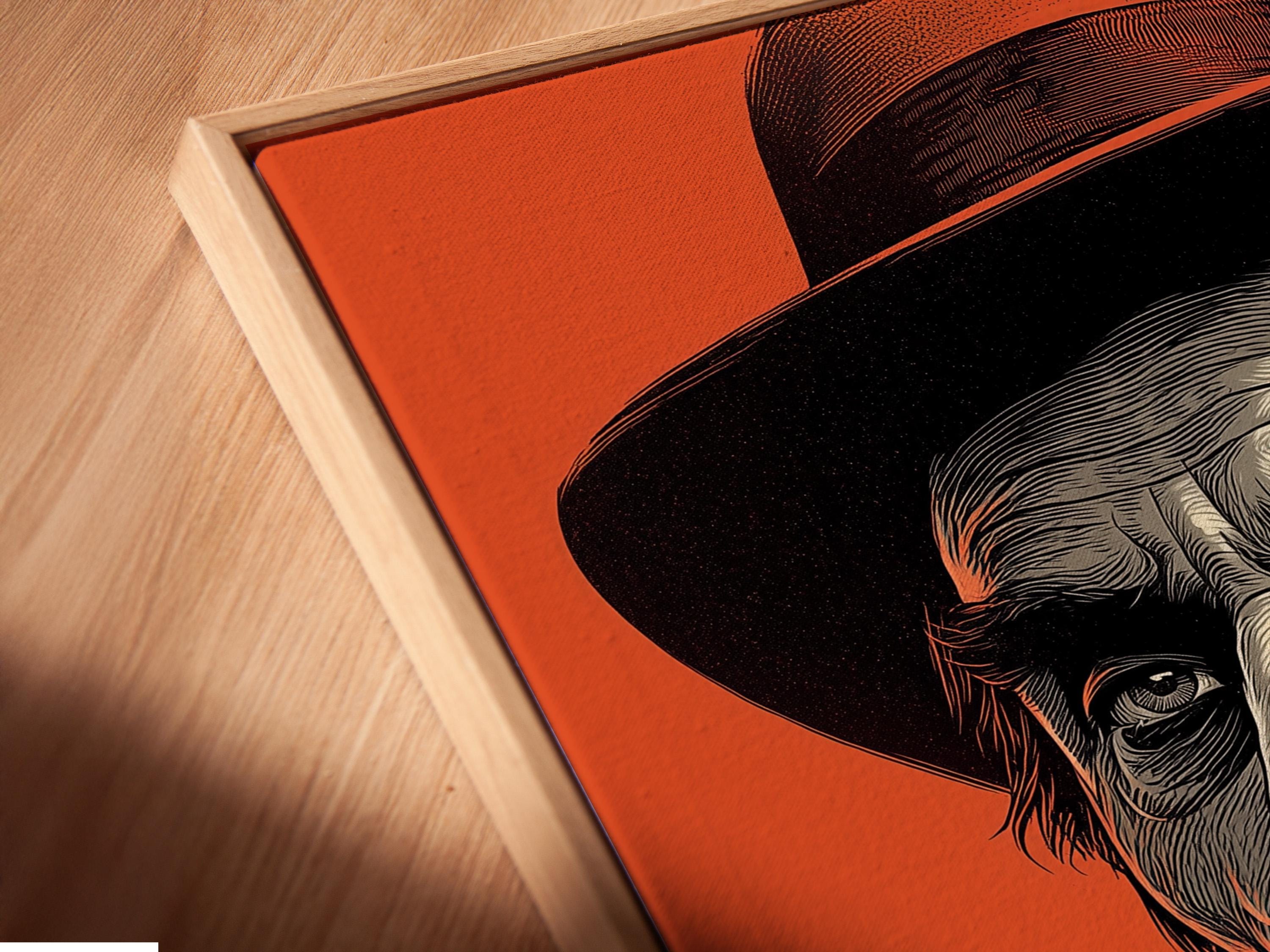 Mockup showing an orange and black engraved portrait artwork on a wall